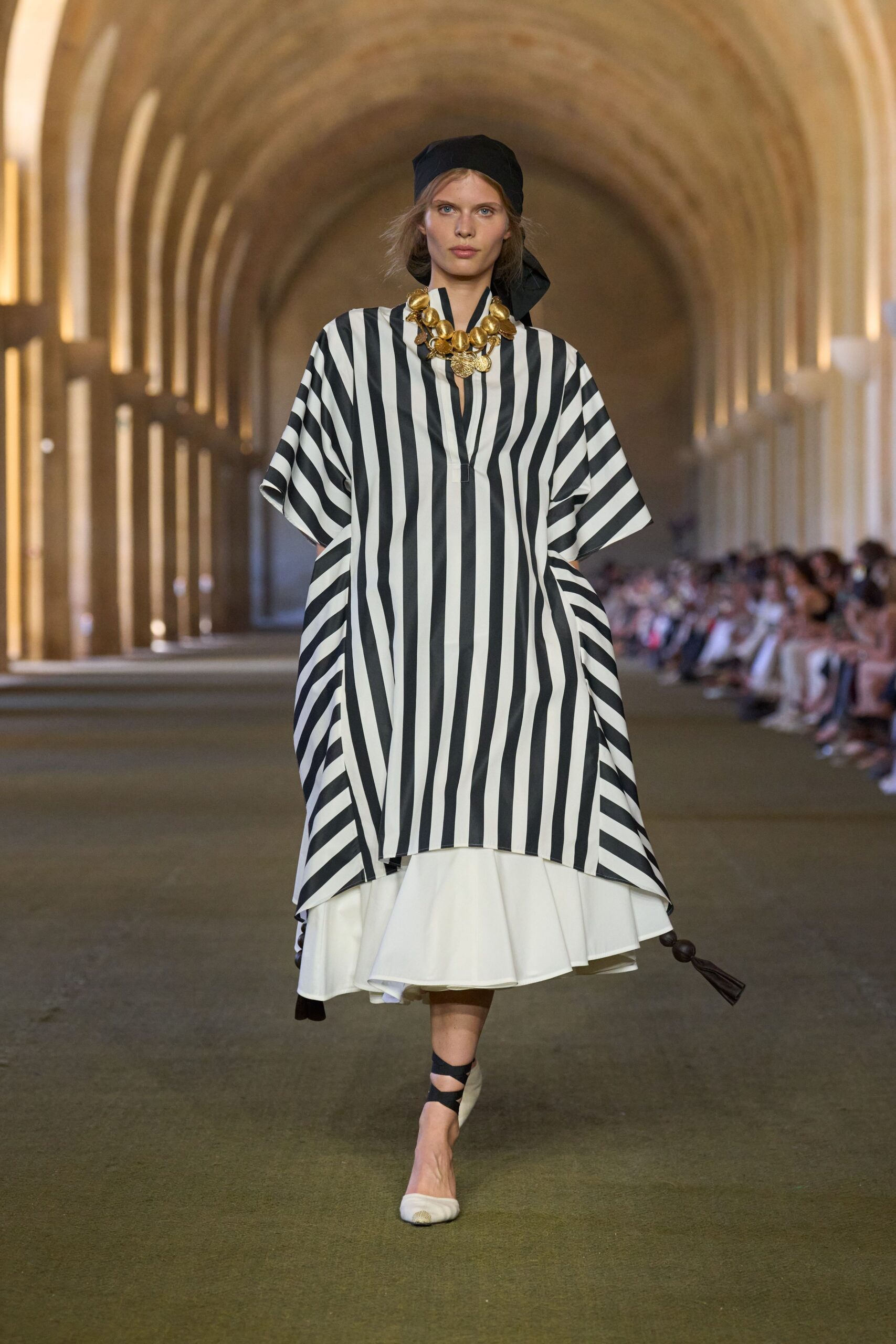 striped midi dress with accessories