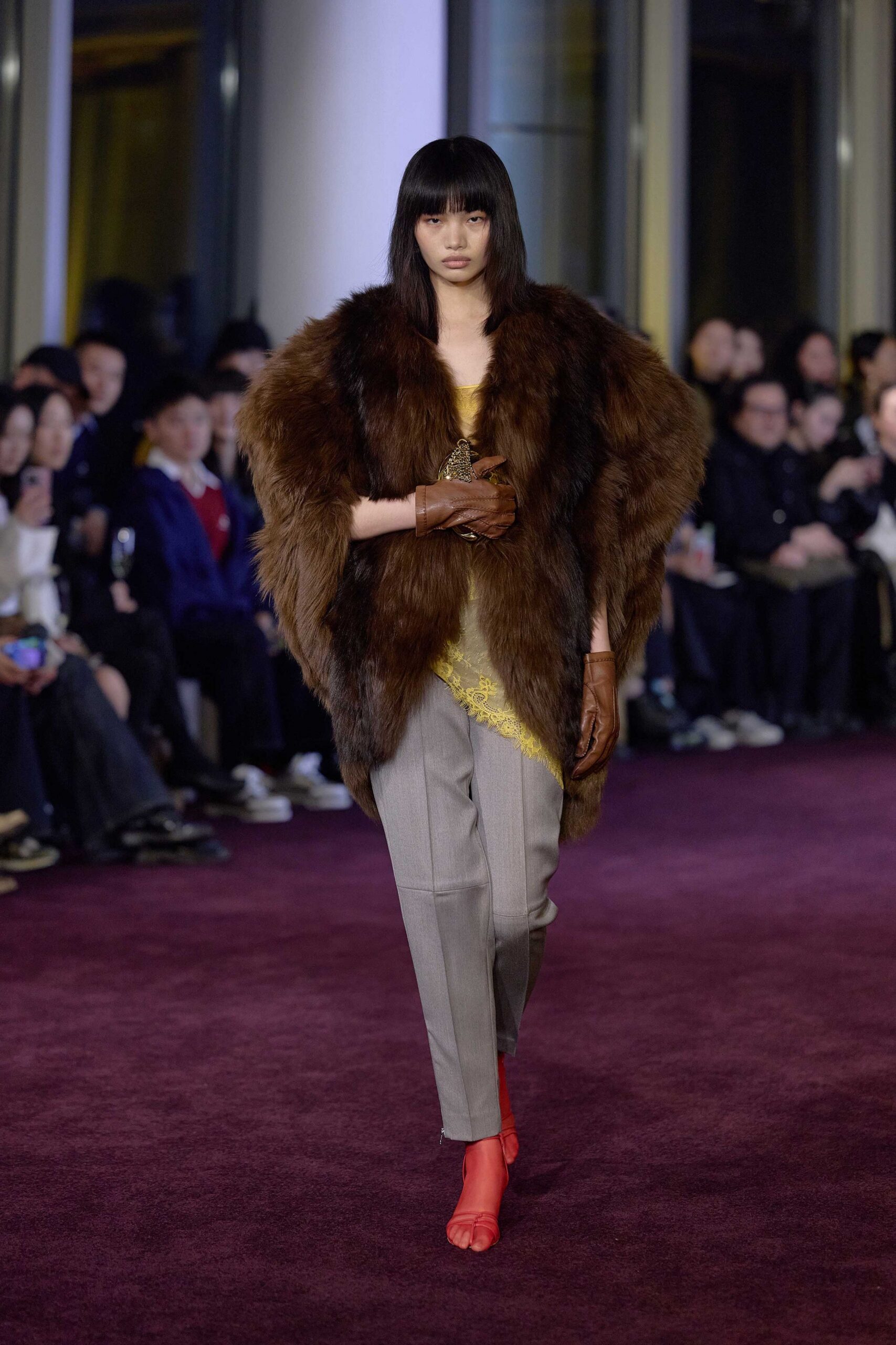 brown fur coat with yellow top
