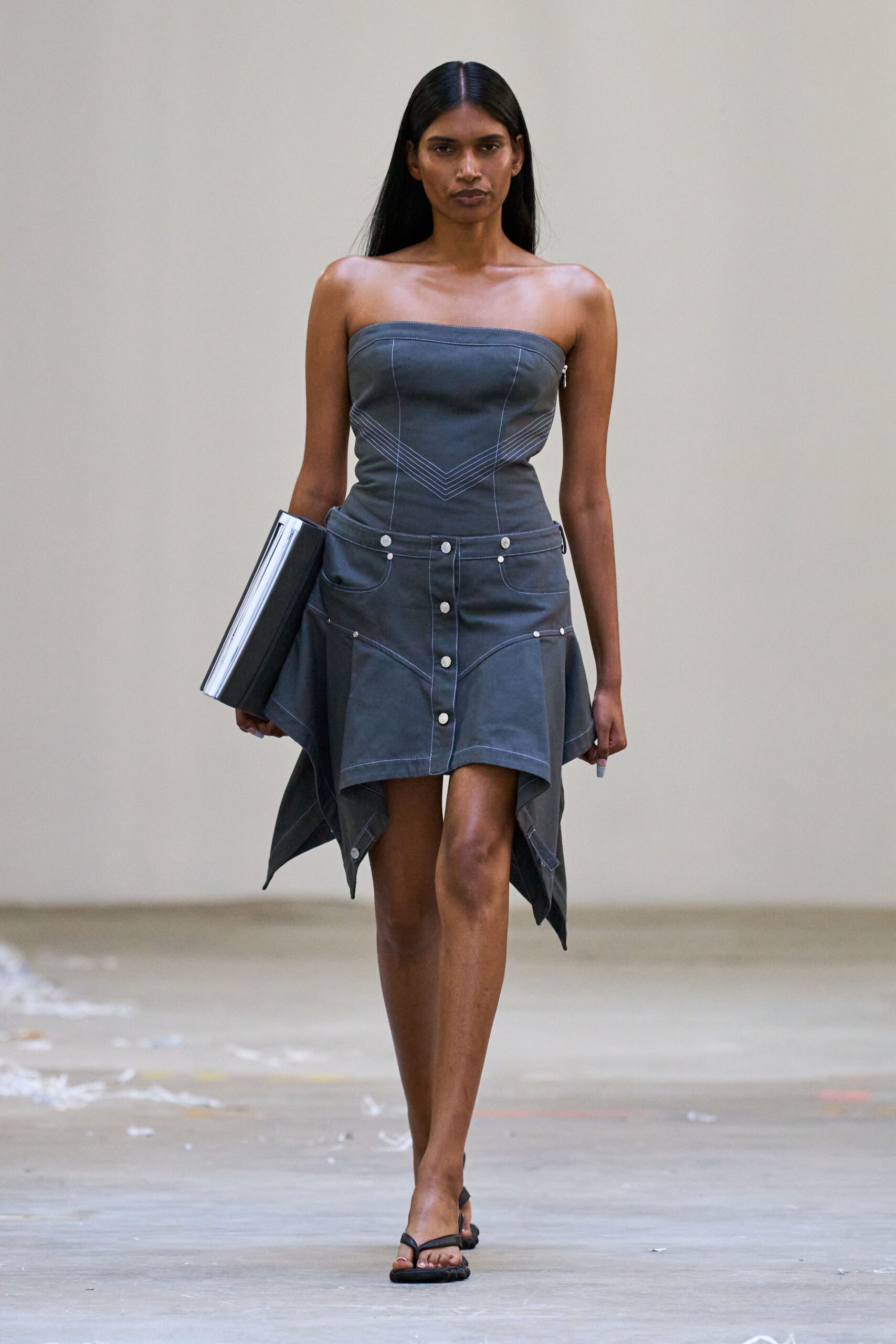 gray denim strapless asymmetric fitted buttoned mini dress