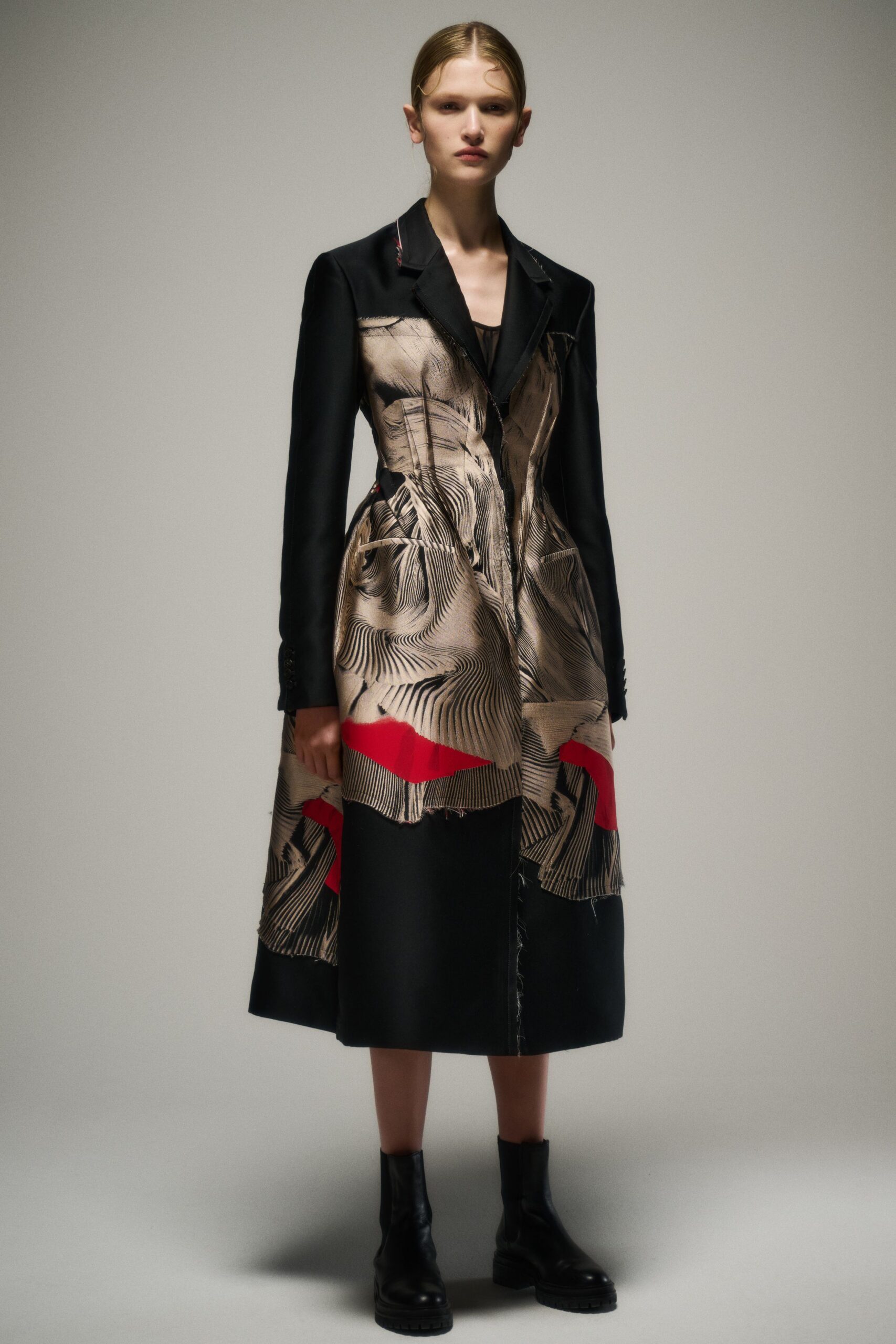black silk long-sleeve collared fitted printed draped dress