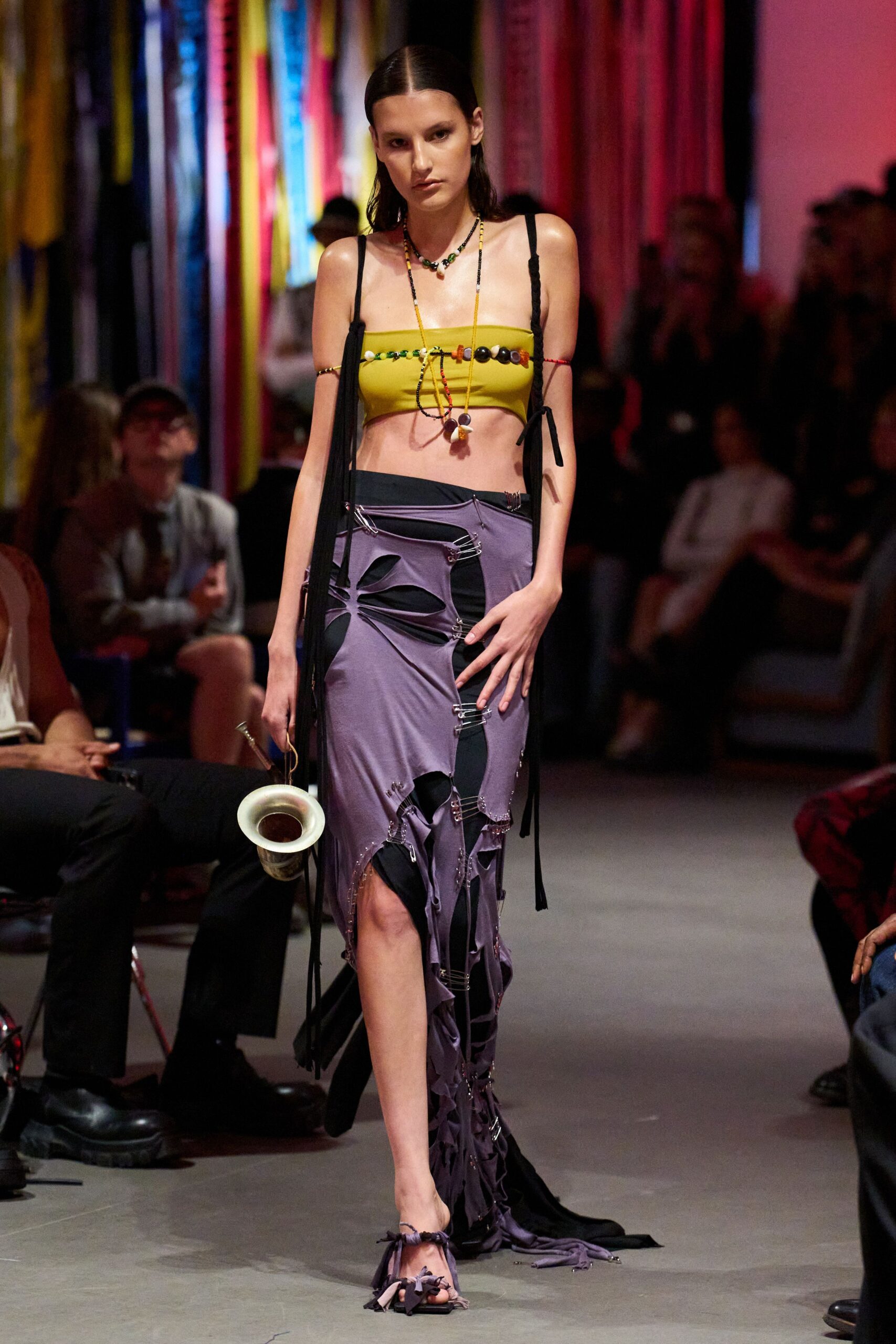 yellow fitted top purple asymmetric skirt