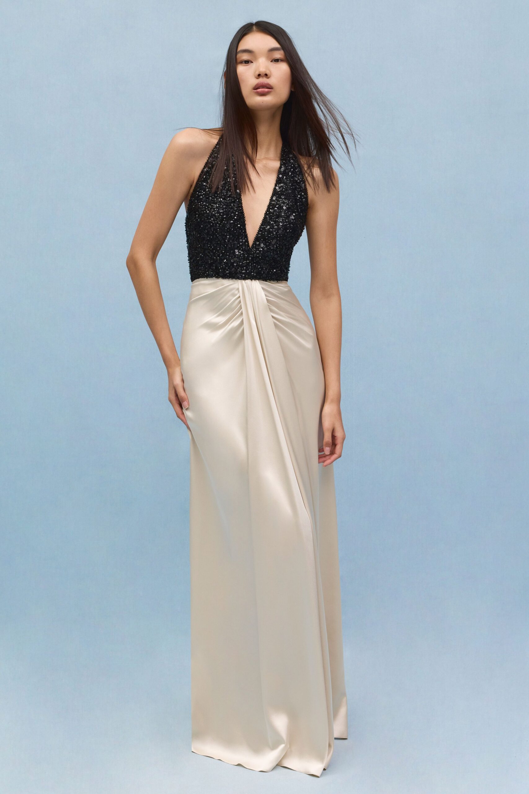 black and beige sequined gown