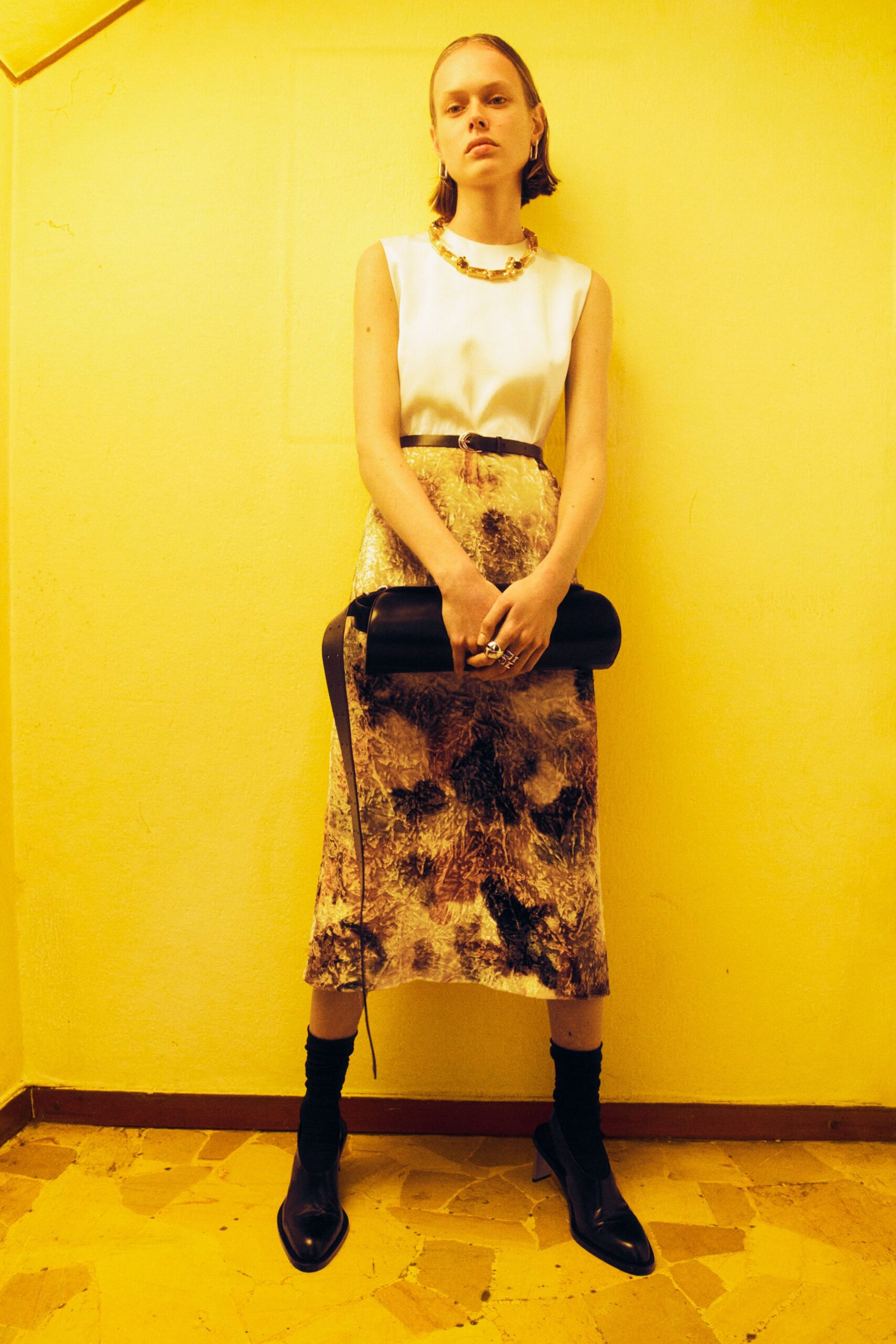 multi silk fitted pencil midi skirt