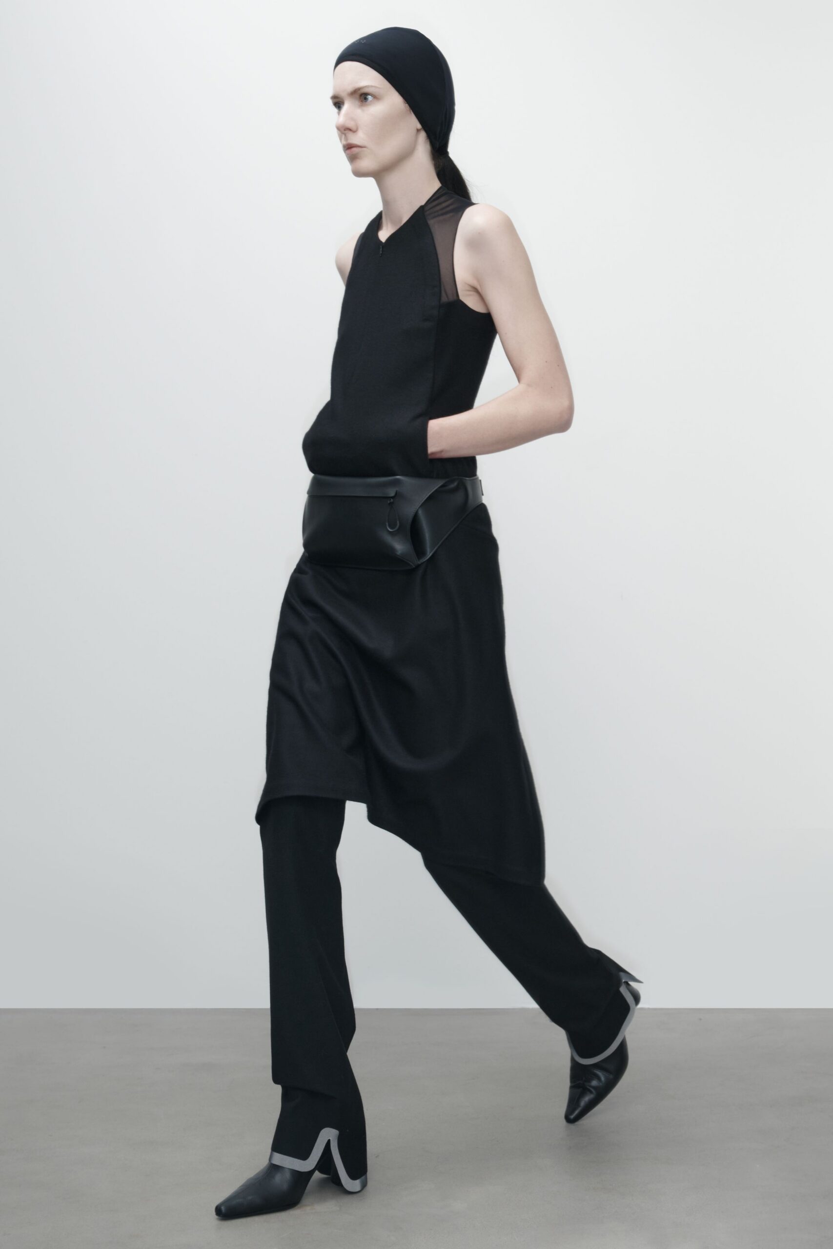 black fitted top with relaxed pants