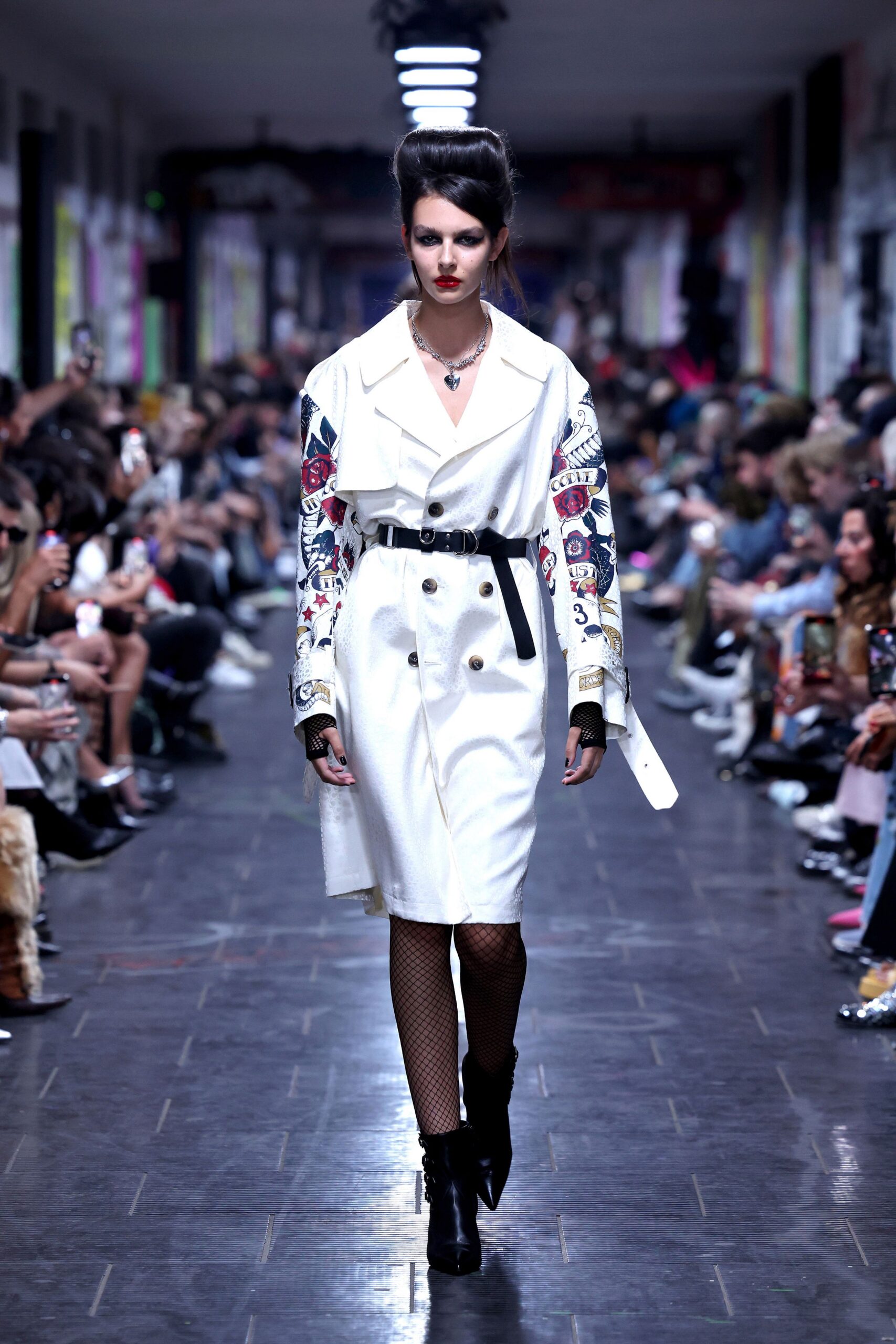 white embroidered coat with black belt