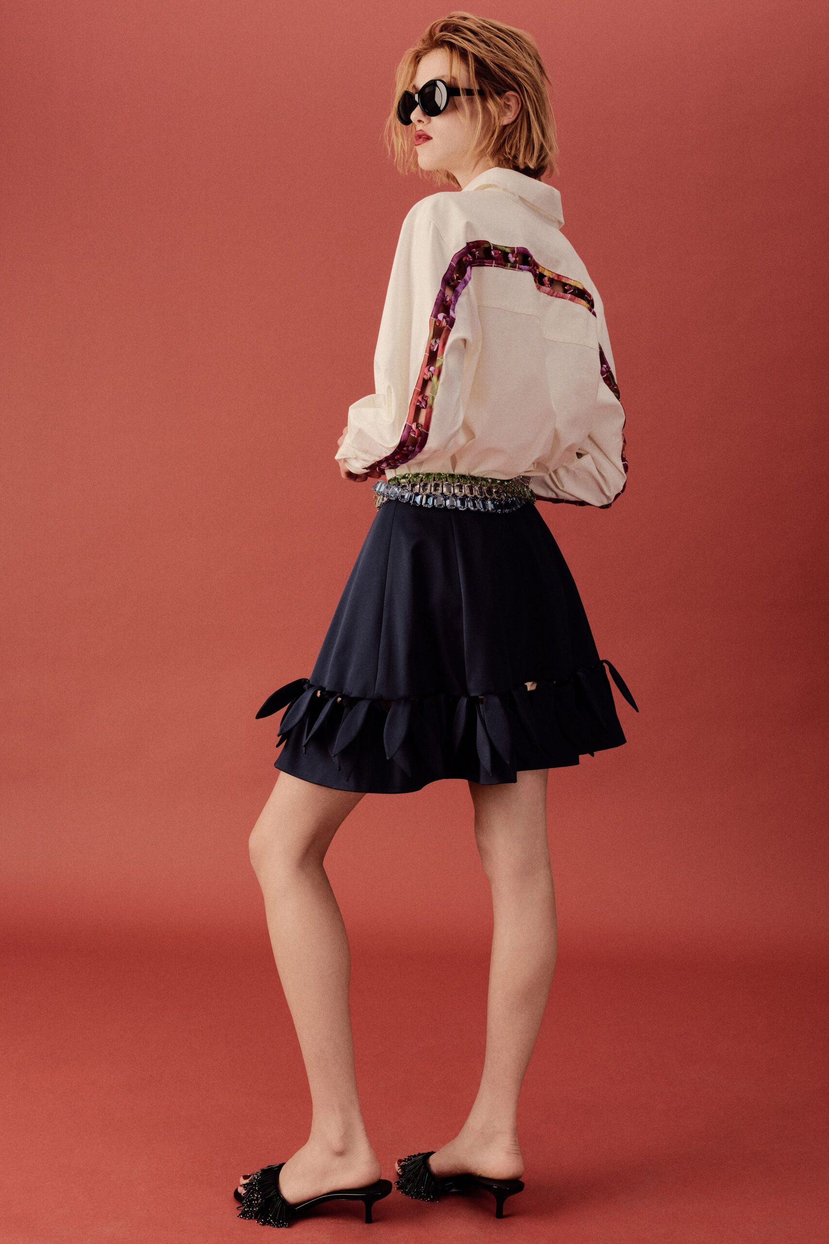 blue cotton fitted high-waisted tiered mini skirt