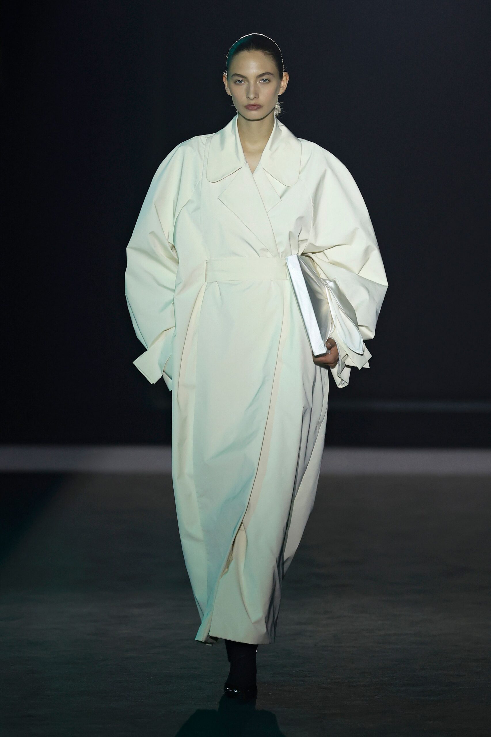 white cotton long-sleeve collared oversized draped maxi coat