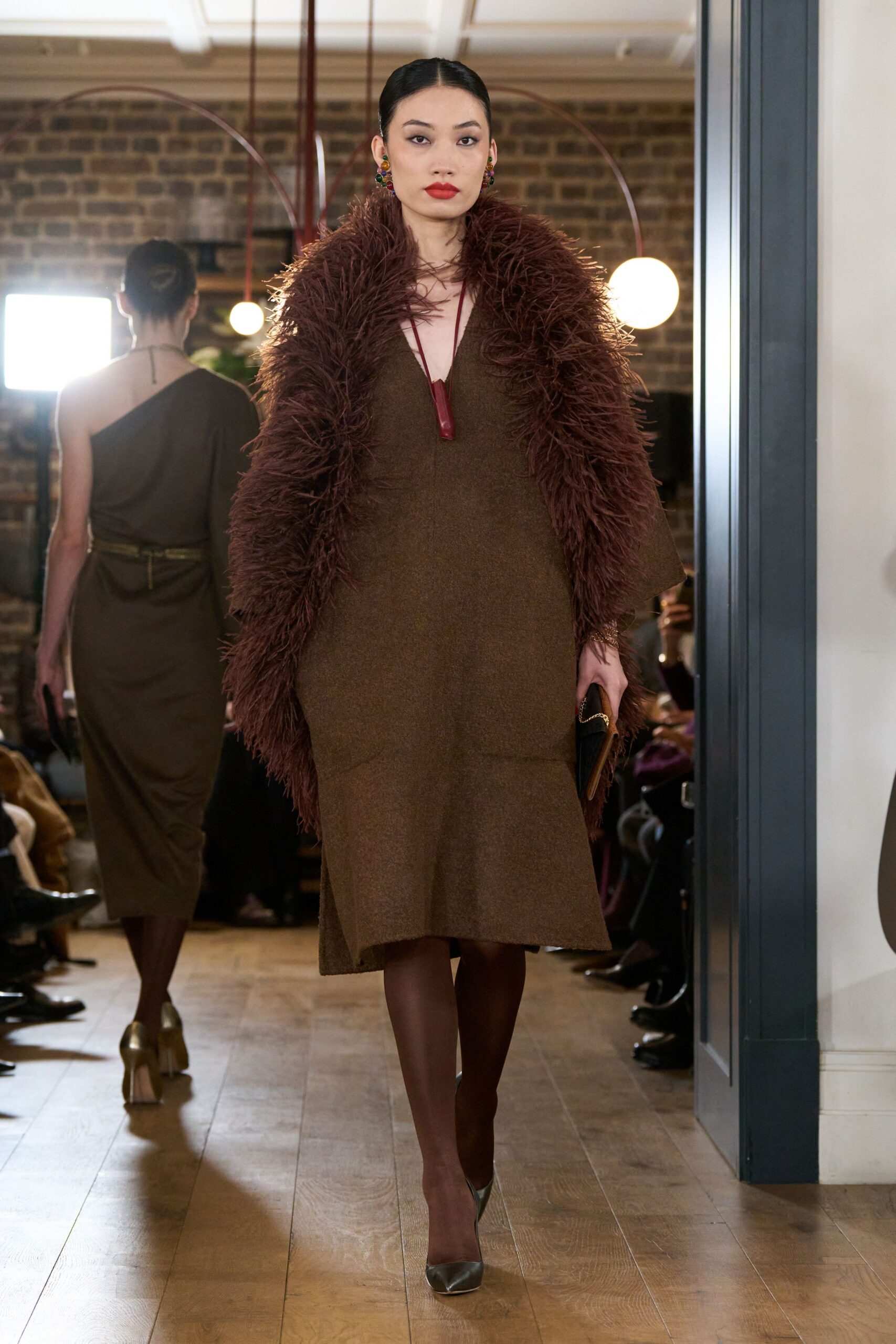 brown wool sleeveless v-neck fitted flared midi dress
