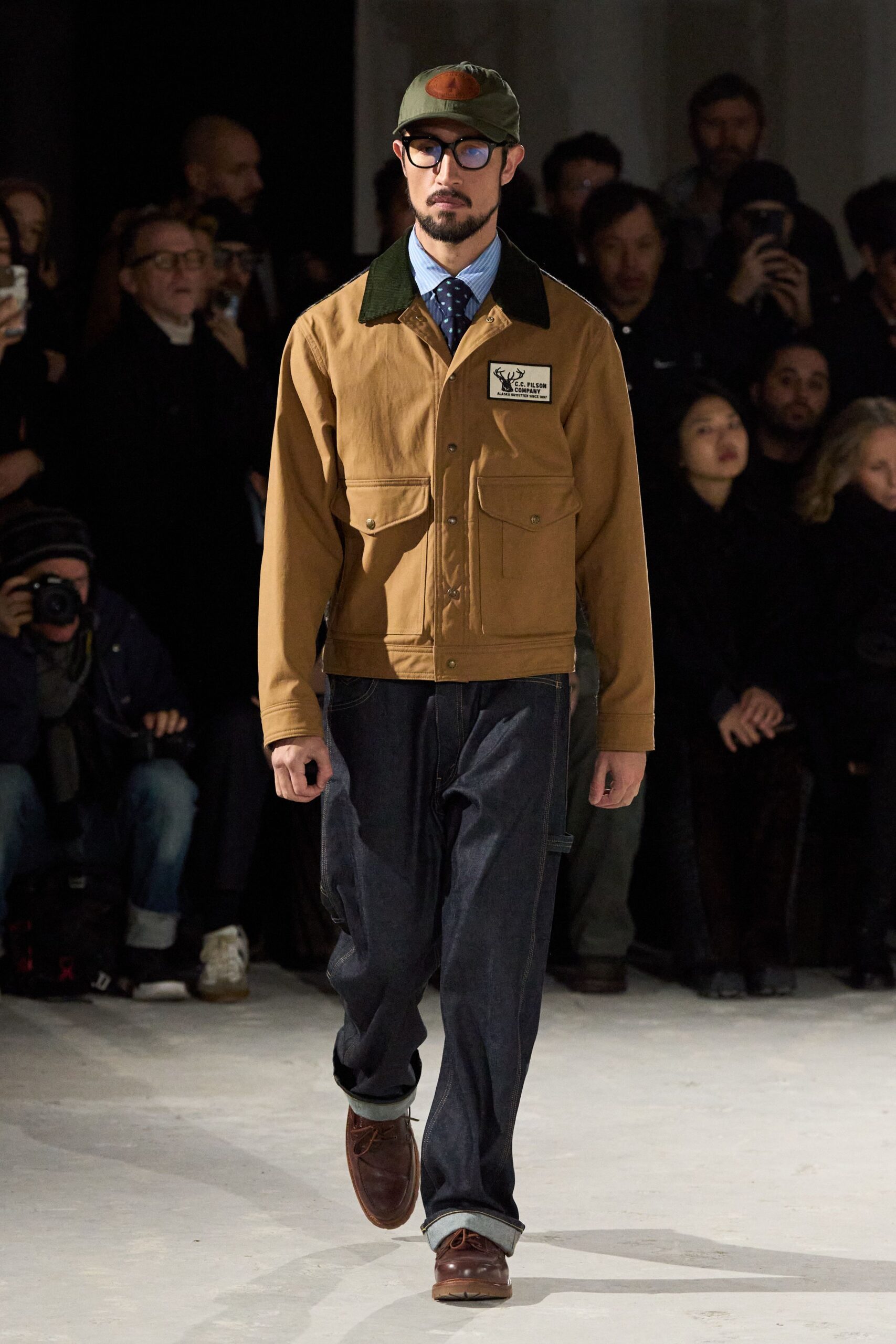 brown relaxed jacket with blue shirt