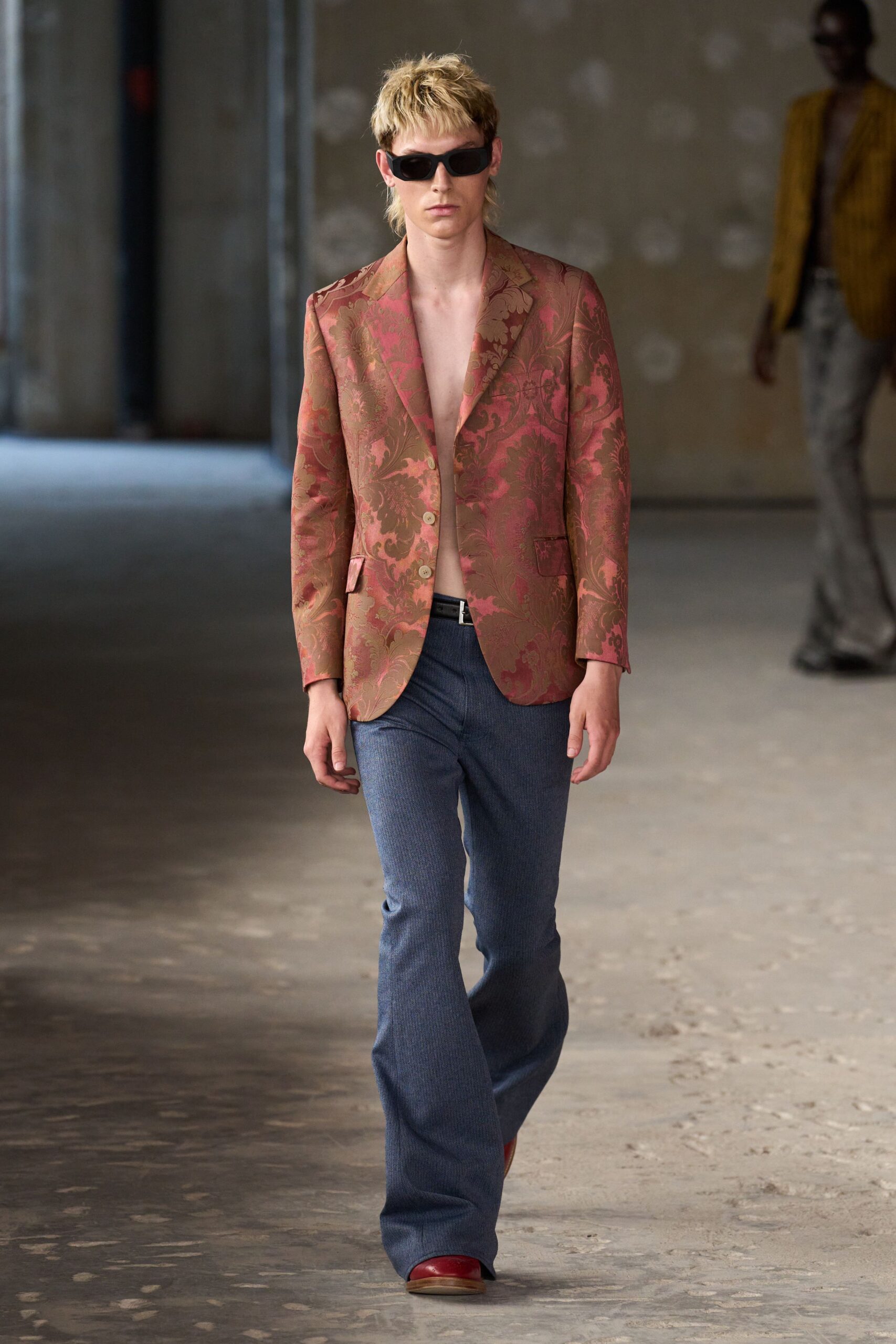 pink silk long-sleeve collared tailored embroidered blazer