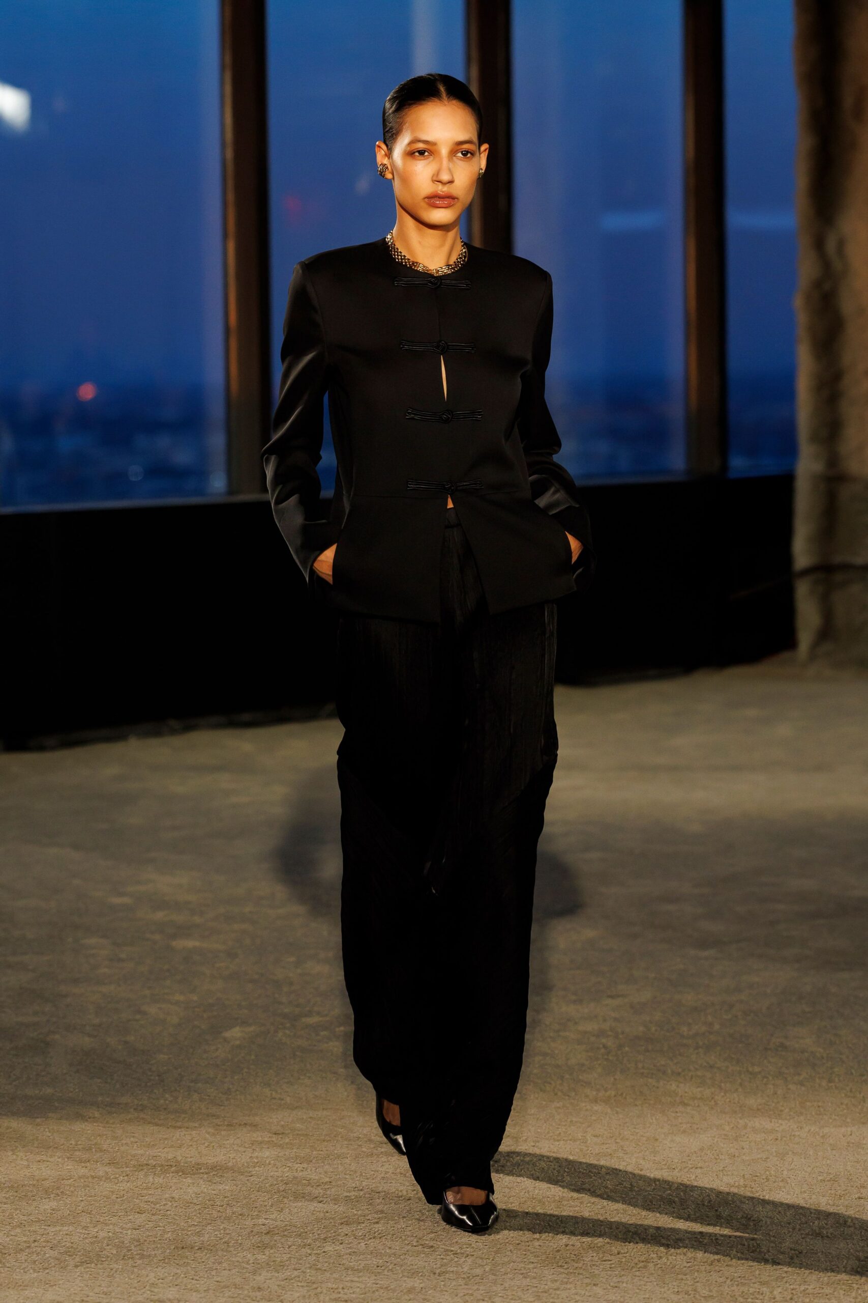 black silk long-sleeve collared structured buttoned blazer