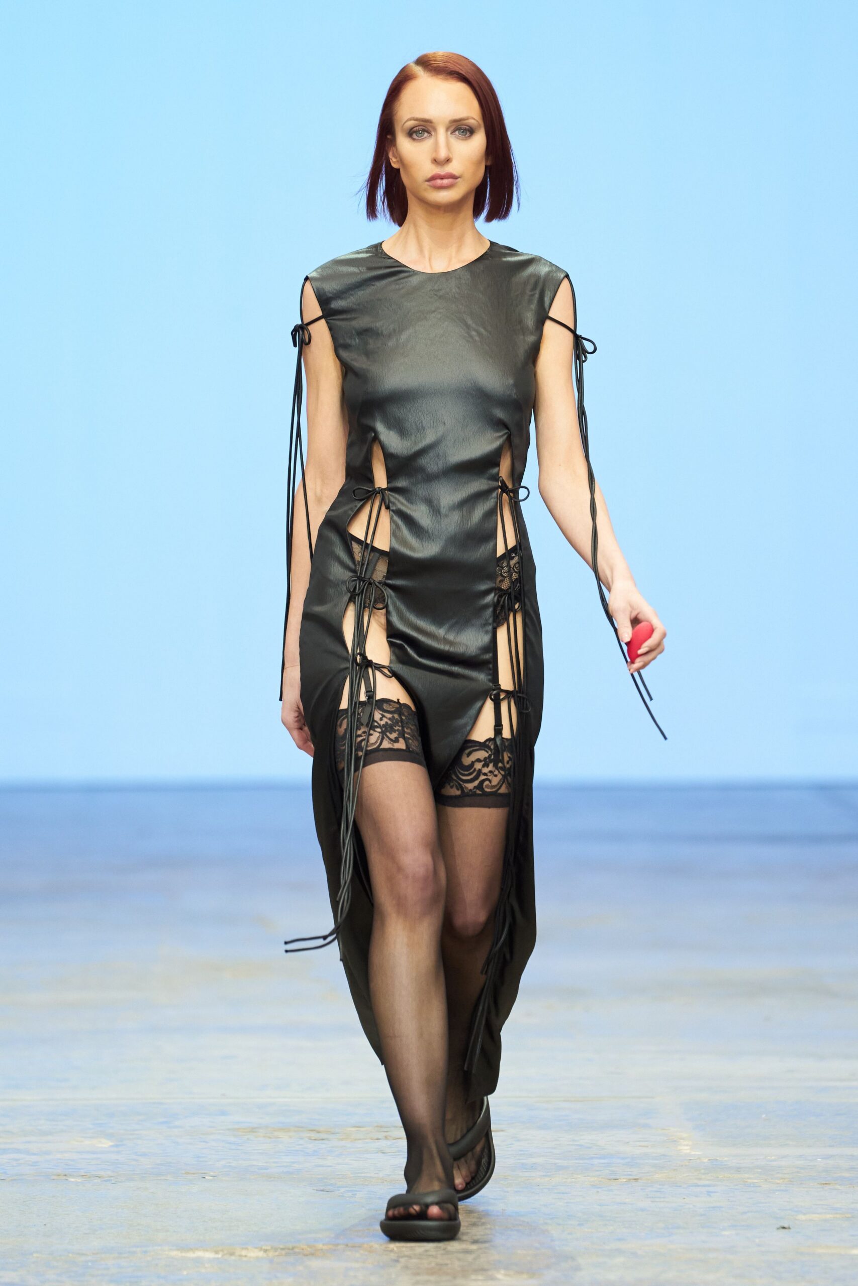 black leather sleeveless v-neck fitted draped maxi dress