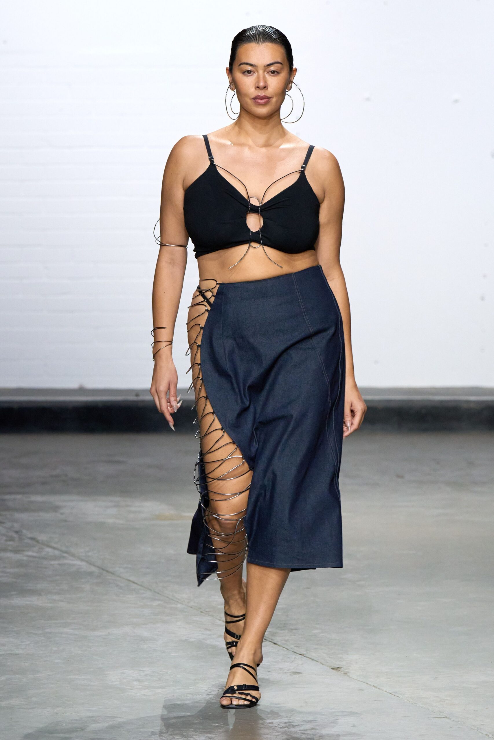 blue denim slit asymmetric fitted high-waisted midi skirt