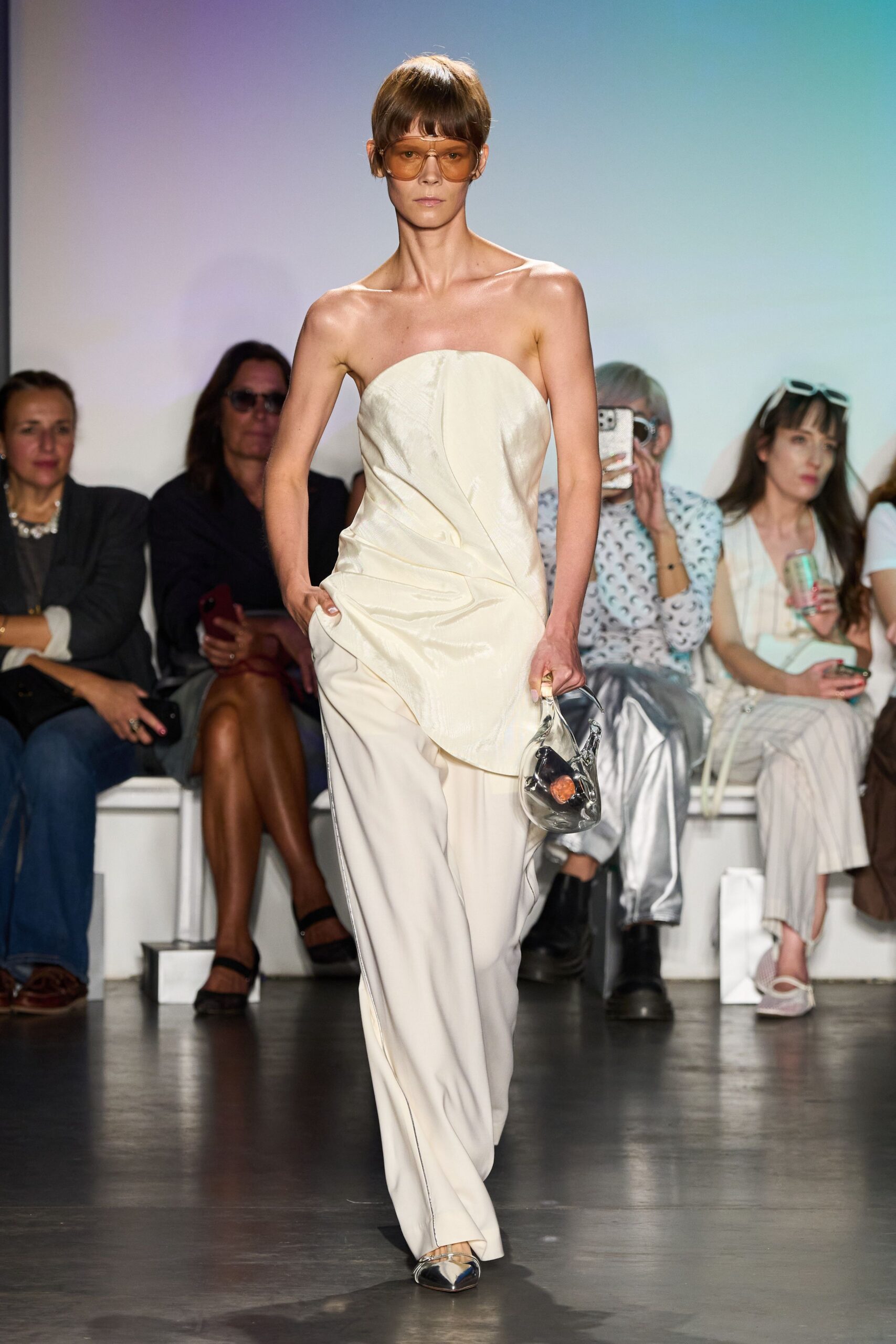 ivory silk strapless top and white pants