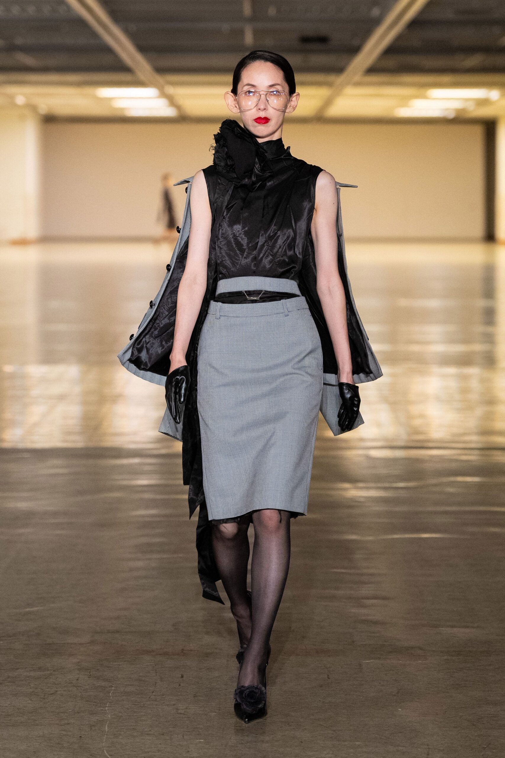 black silk long-sleeve structured buttoned coat