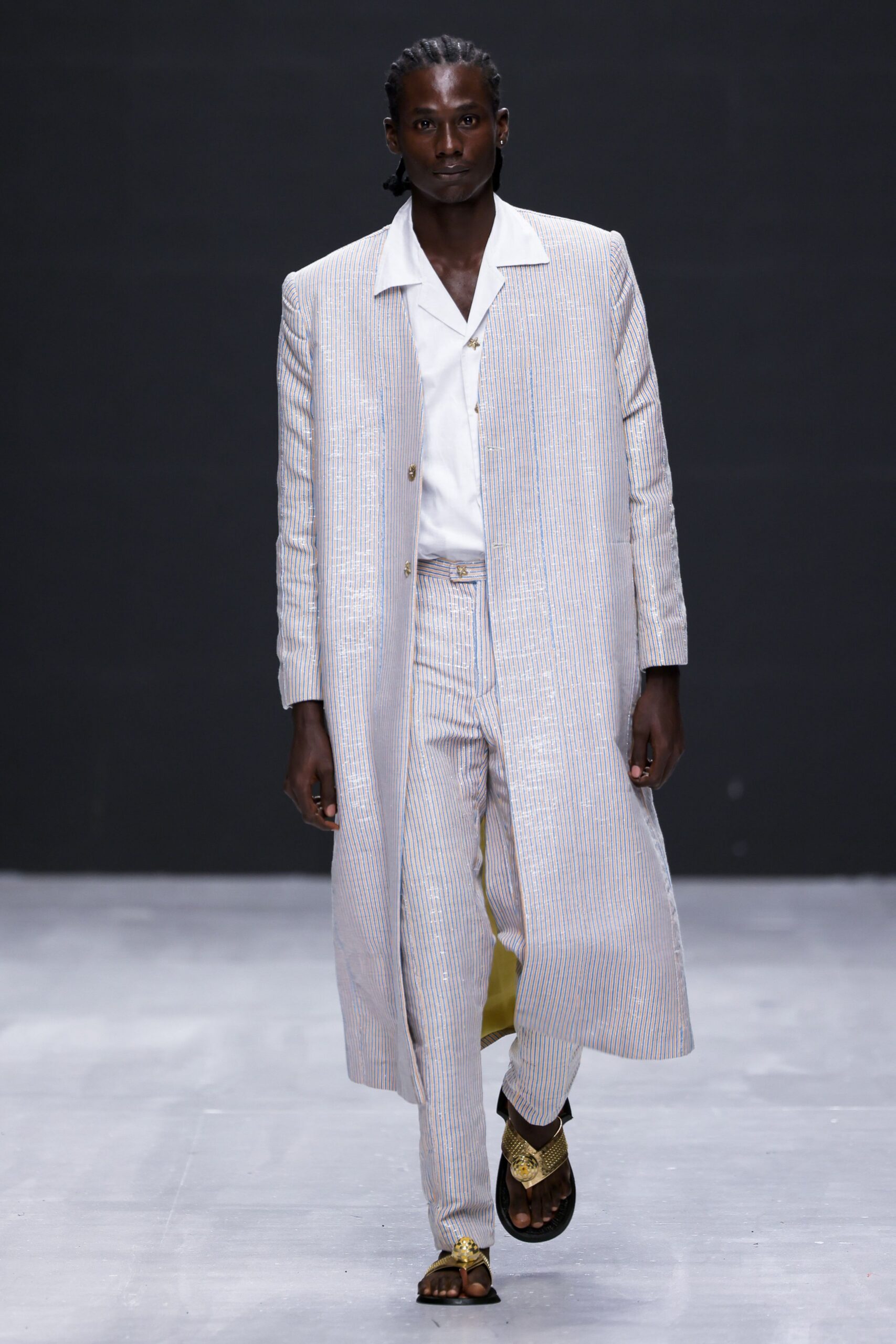 white cotton long-sleeve collared relaxed striped maxi coat