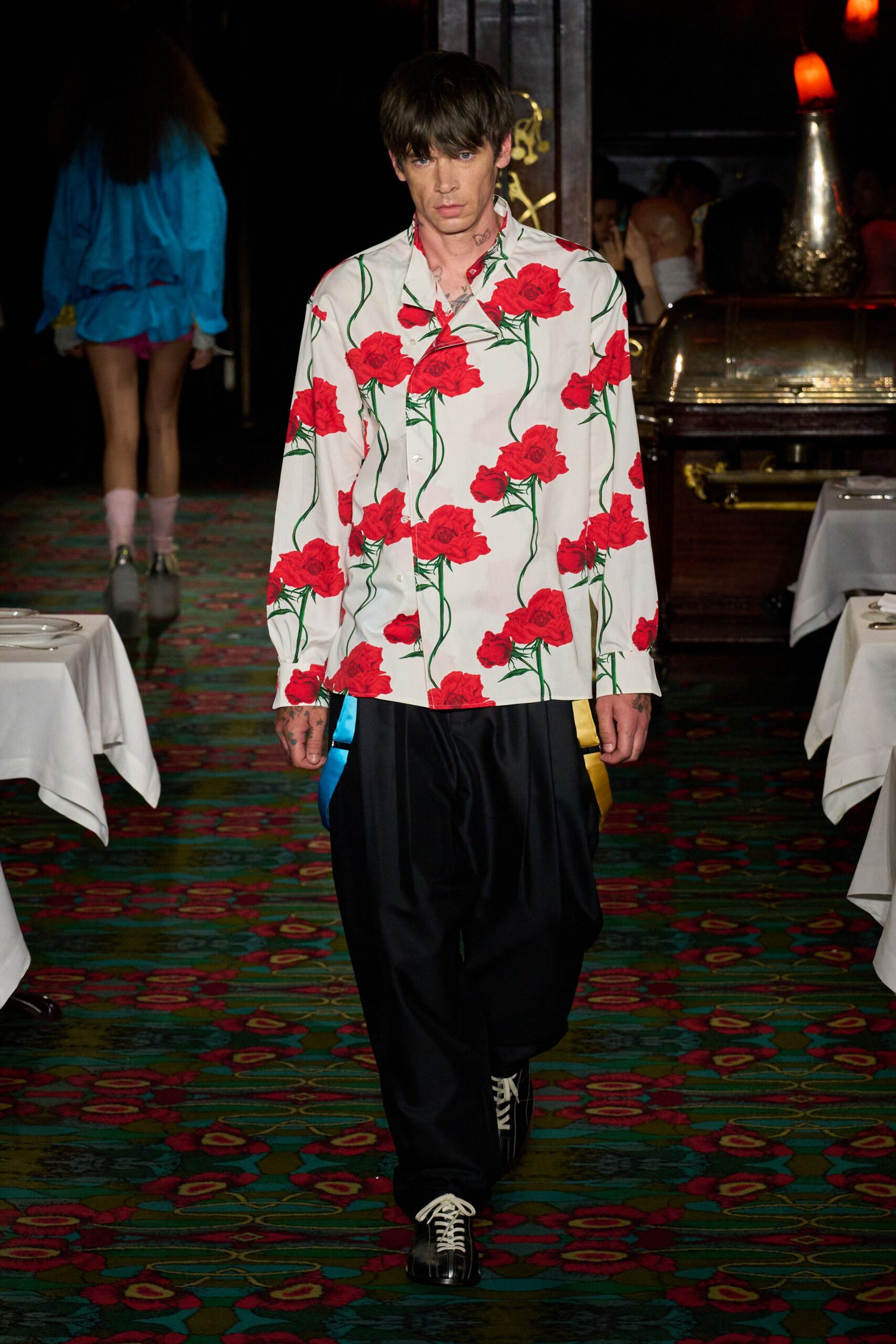 floral shirt with black pants