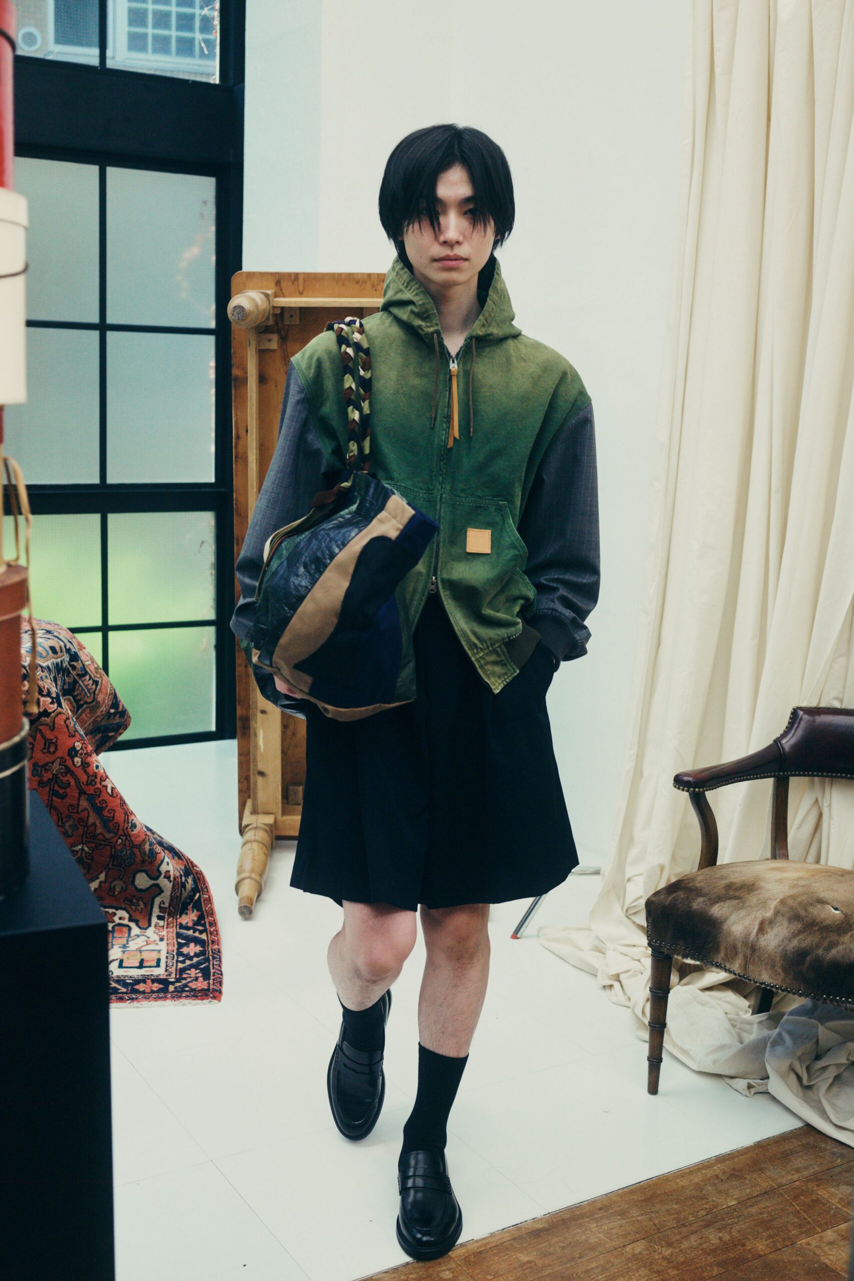 green and gray color-blocked jacket