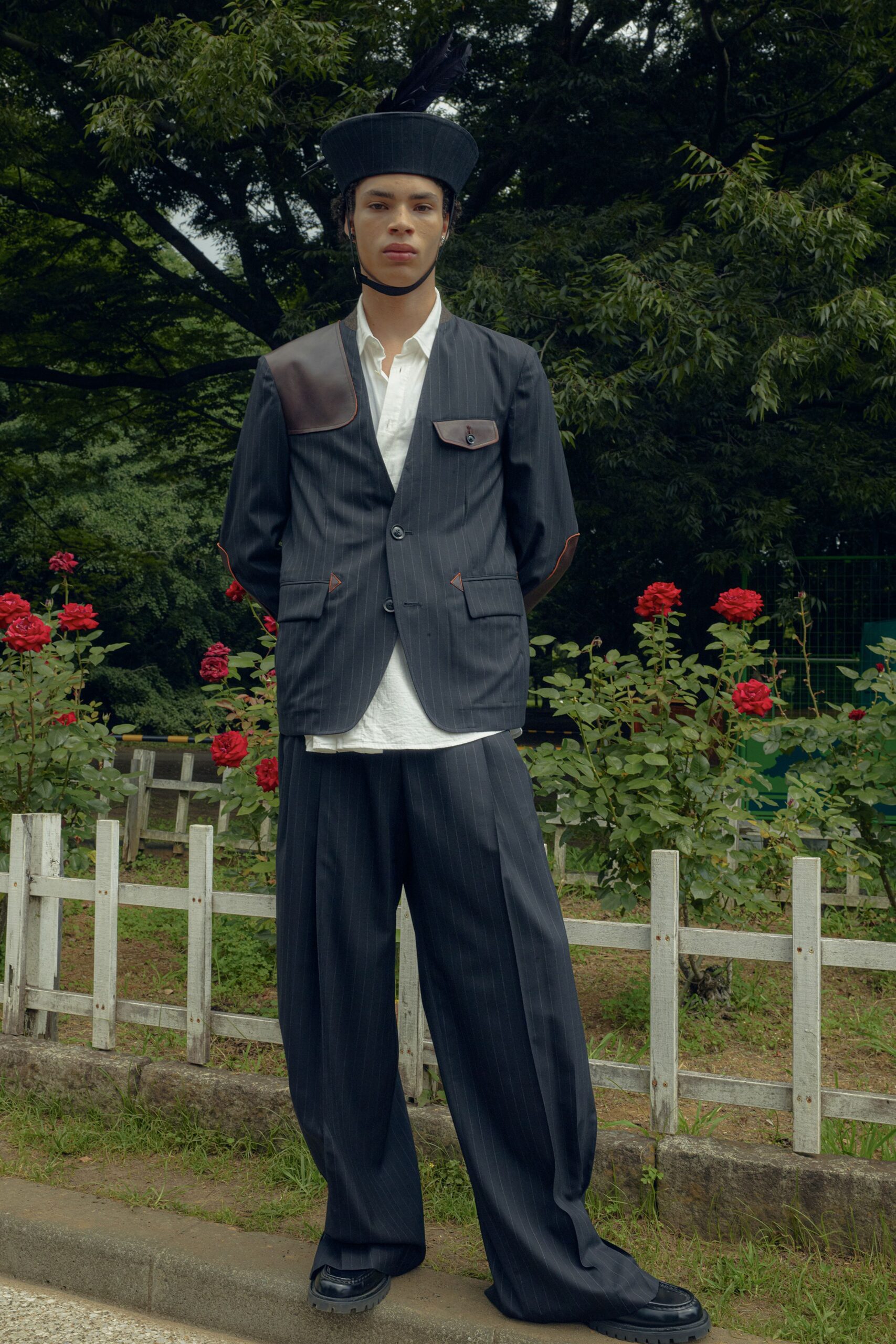 black gray relaxed suit with white shirt
