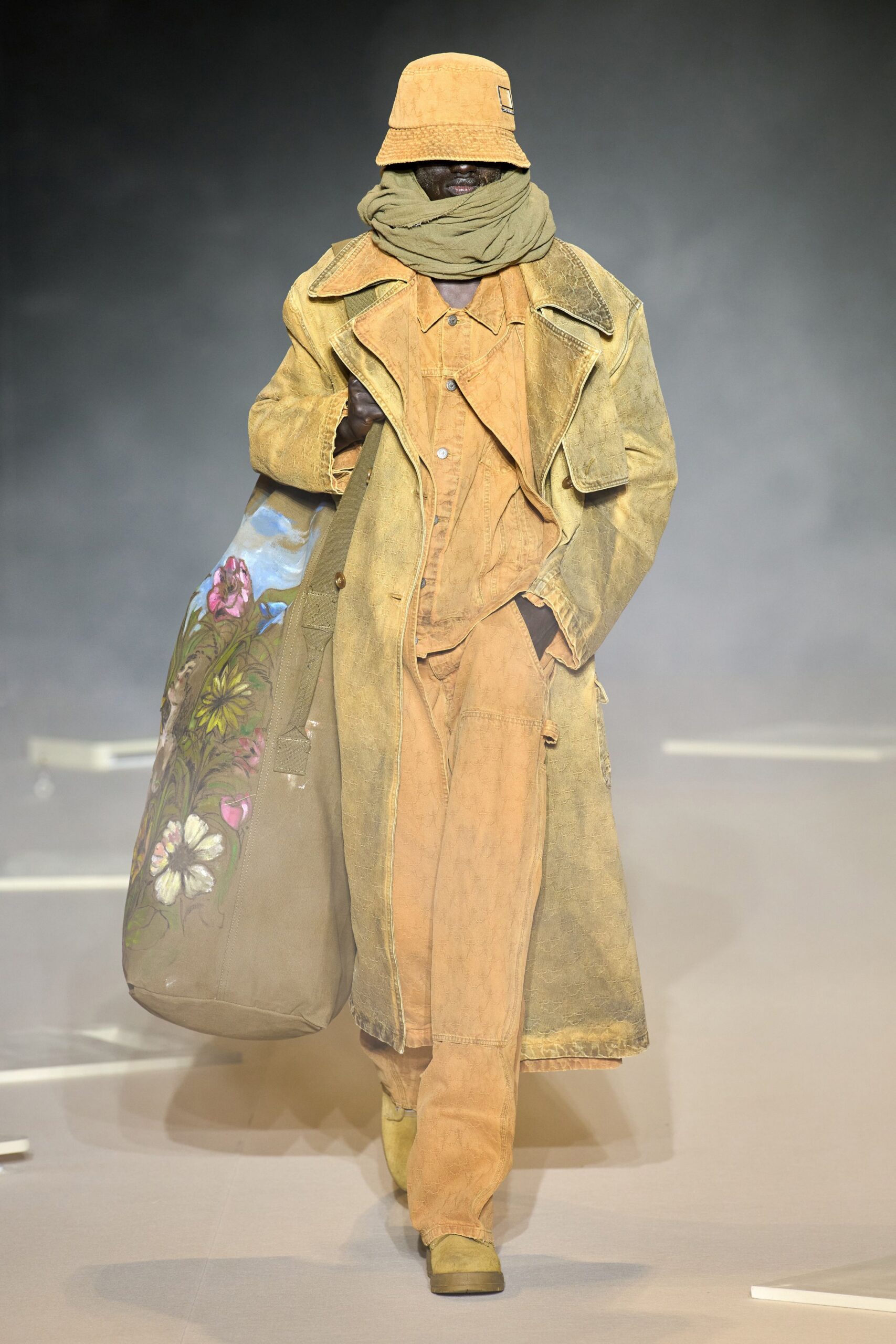 beige denim coat and jumpsuit