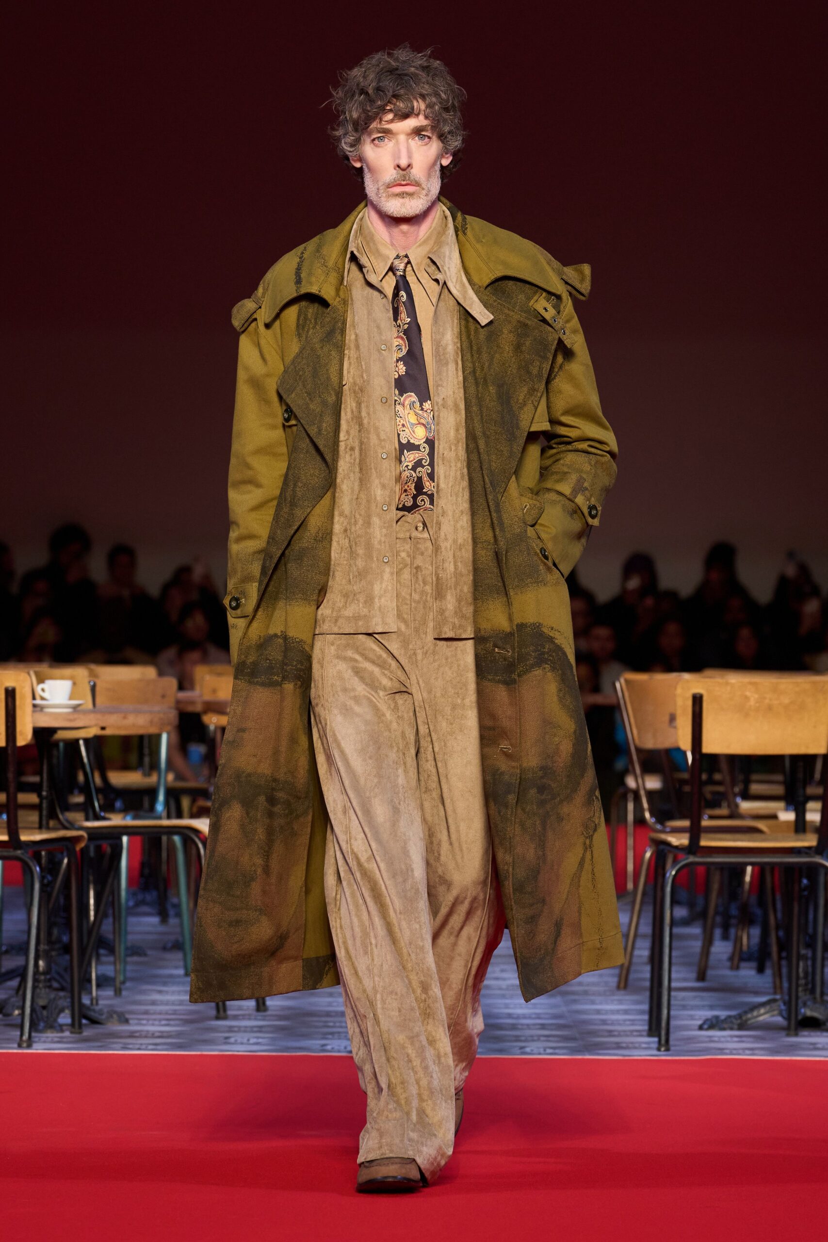 brown suede long-sleeve collared relaxed buttoned trench