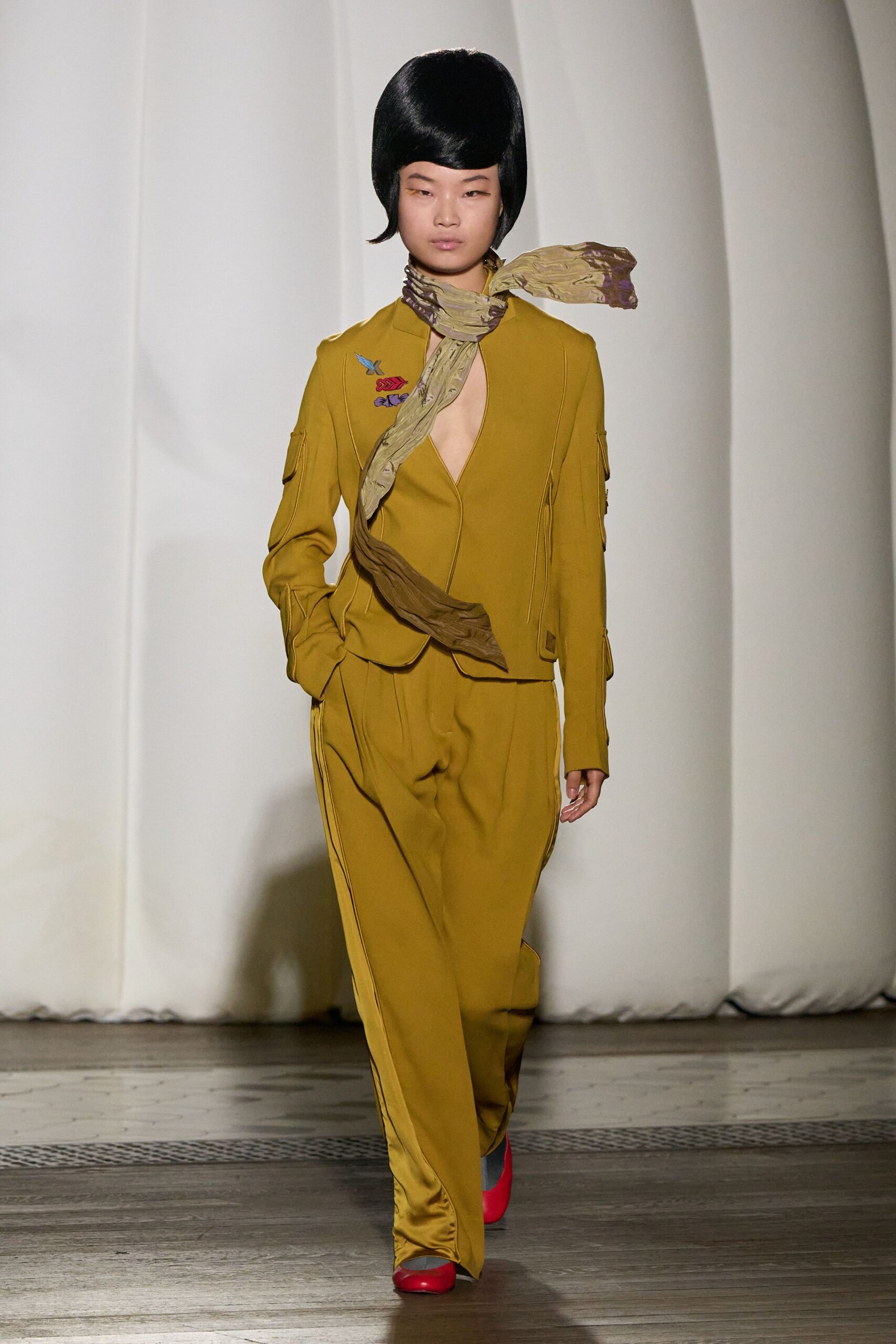 yellow cotton long-sleeve v-neck fitted zippered jumpsuit