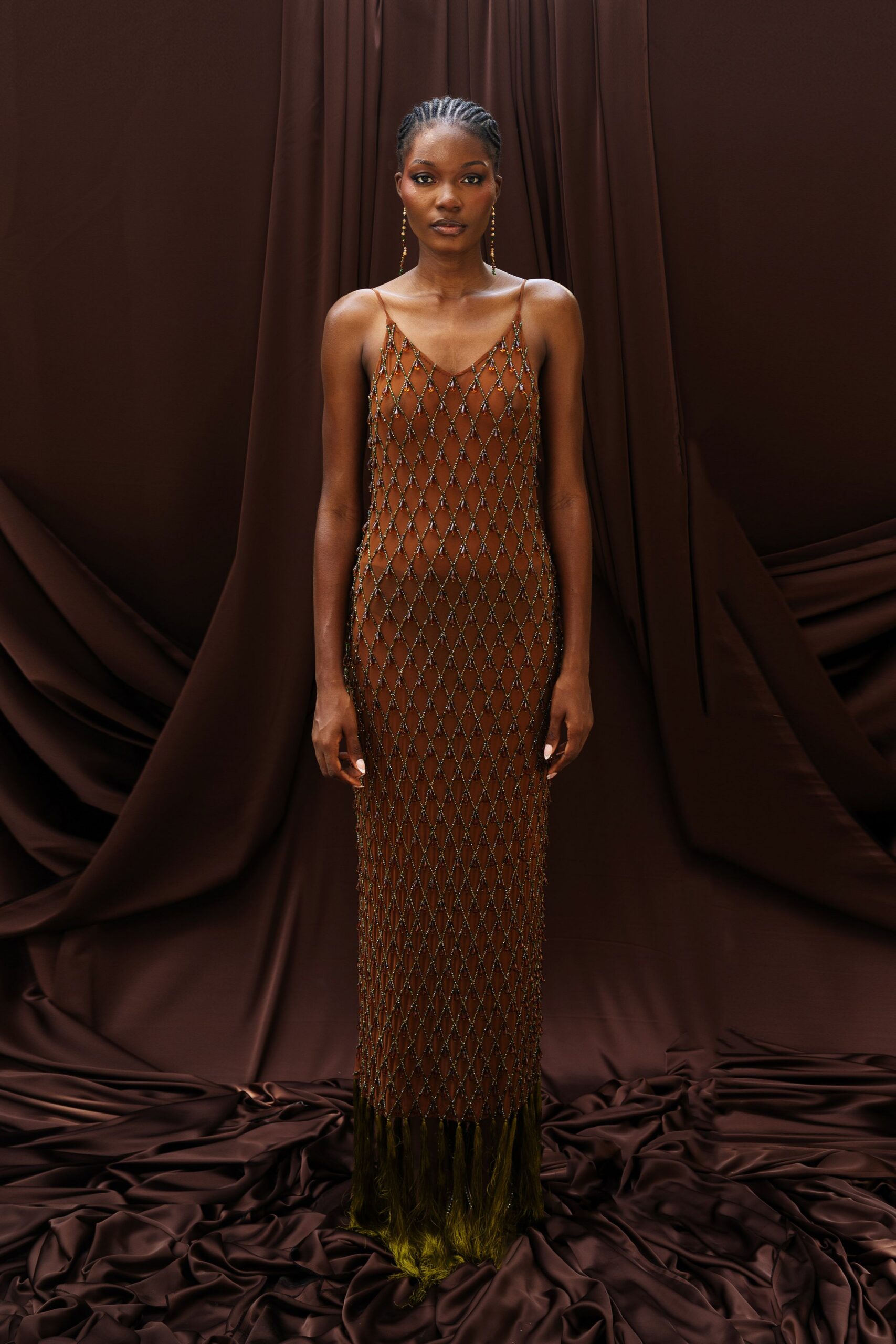 brown silk sleeveless gown