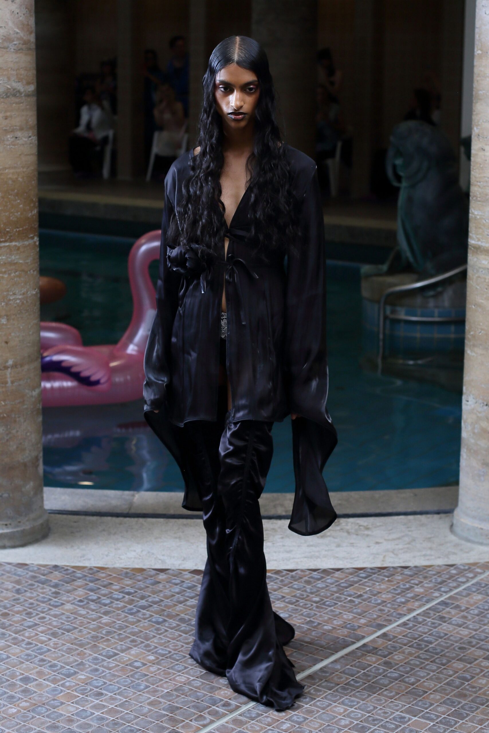 black silk long-sleeve v-neck fitted draped shirt
