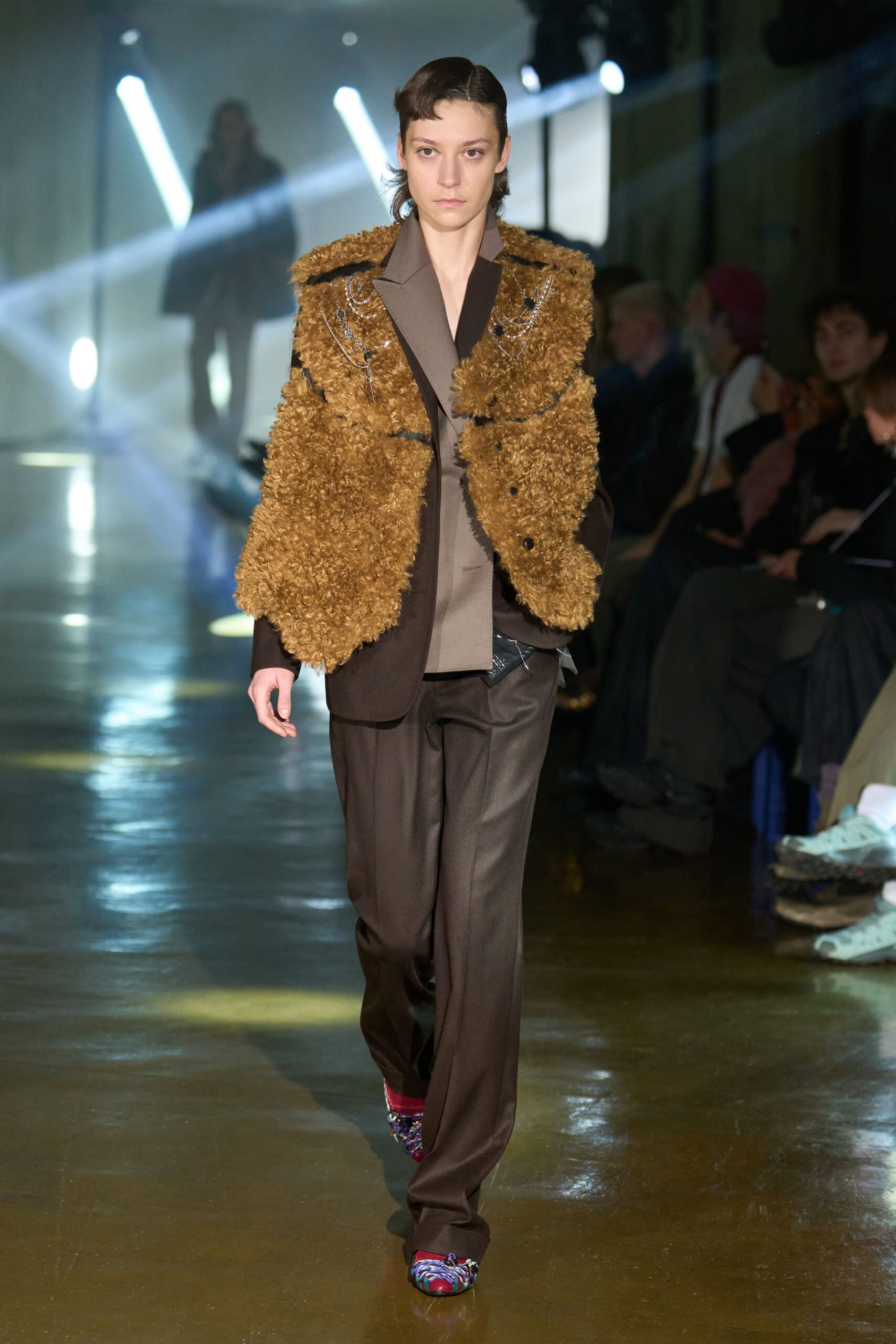 brown fur long-sleeve collared structured buttoned blazer