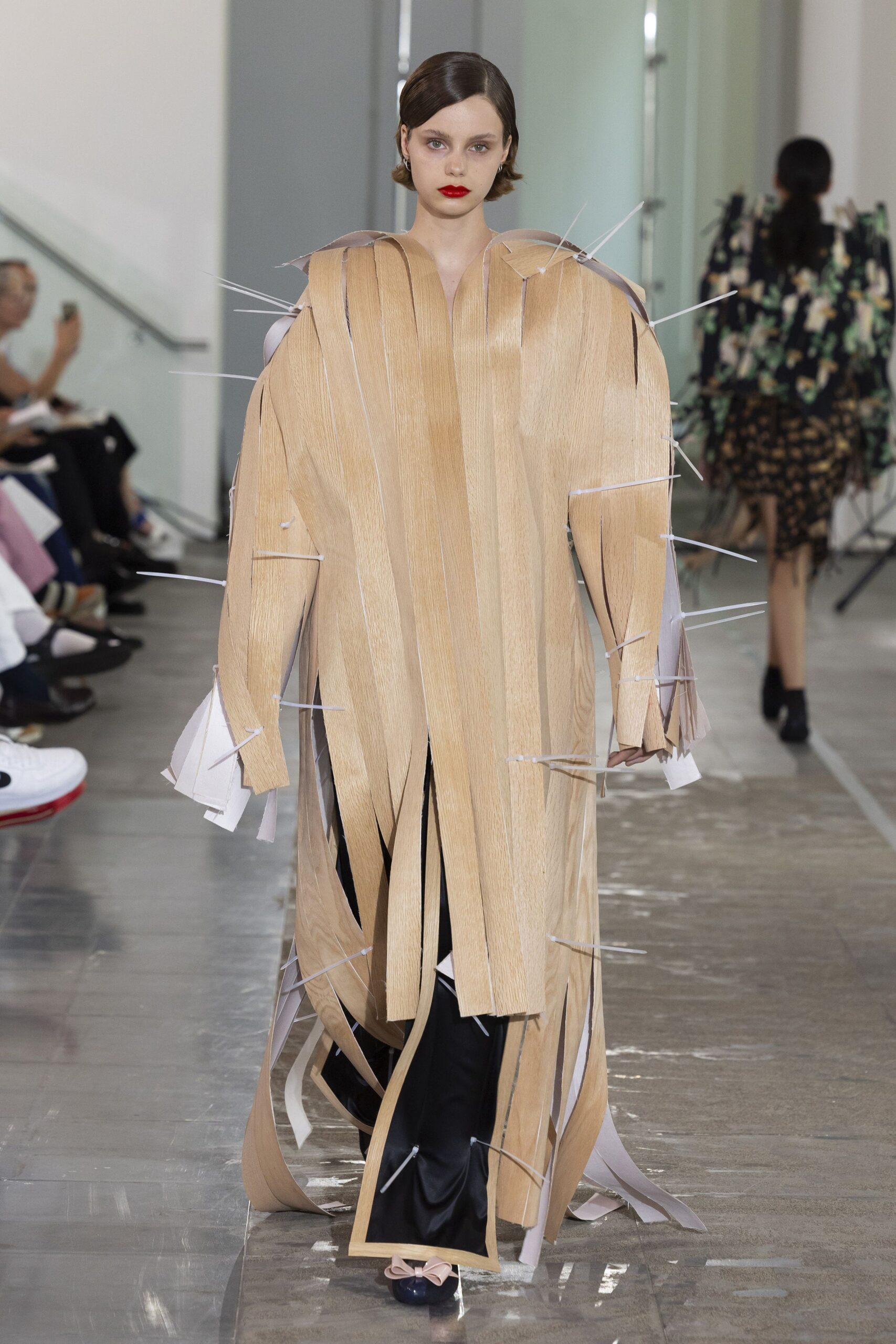 beige silk long-sleeve oversized layered fringed coat