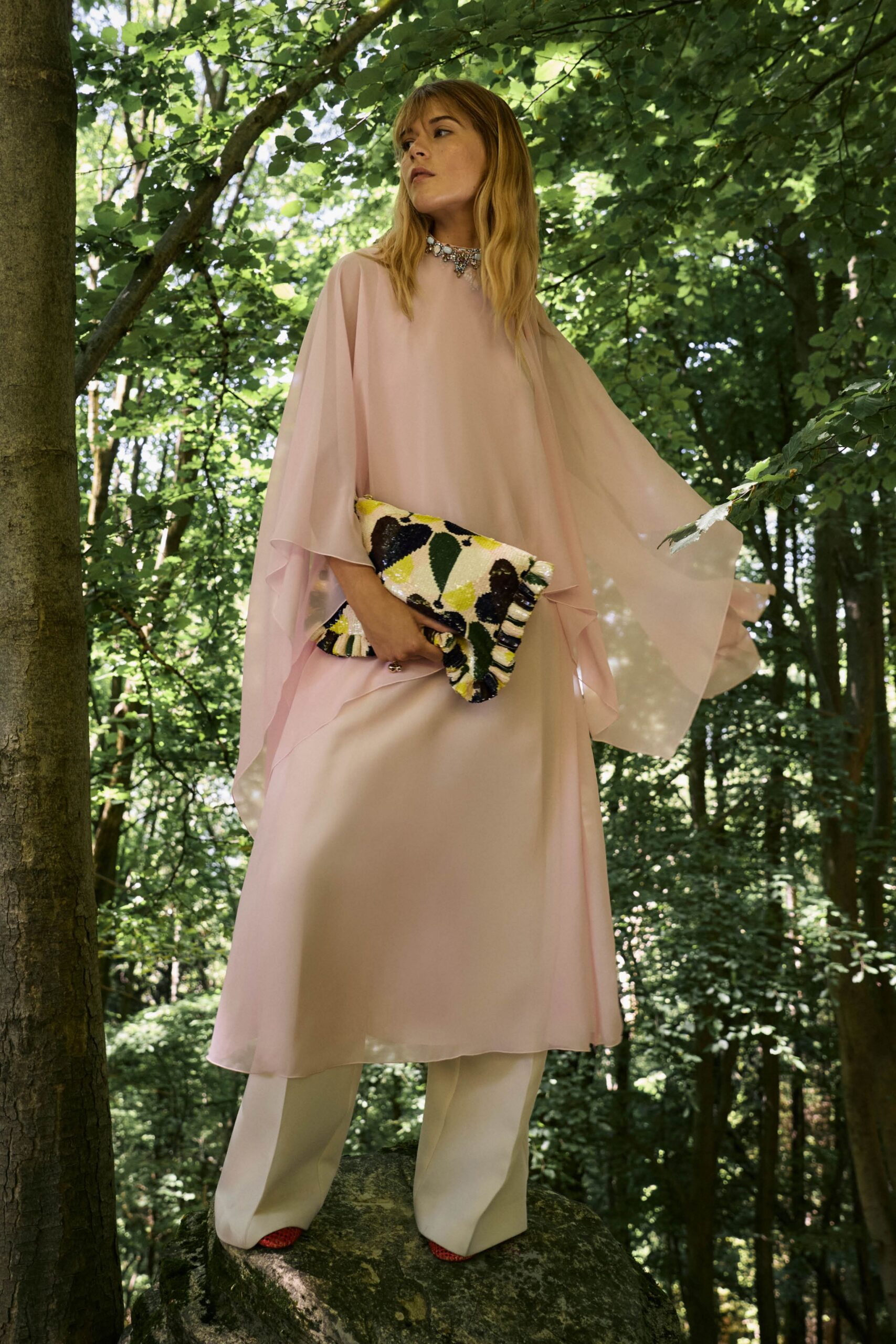 pink silk long-sleeve high-neck relaxed flowing sheer gown