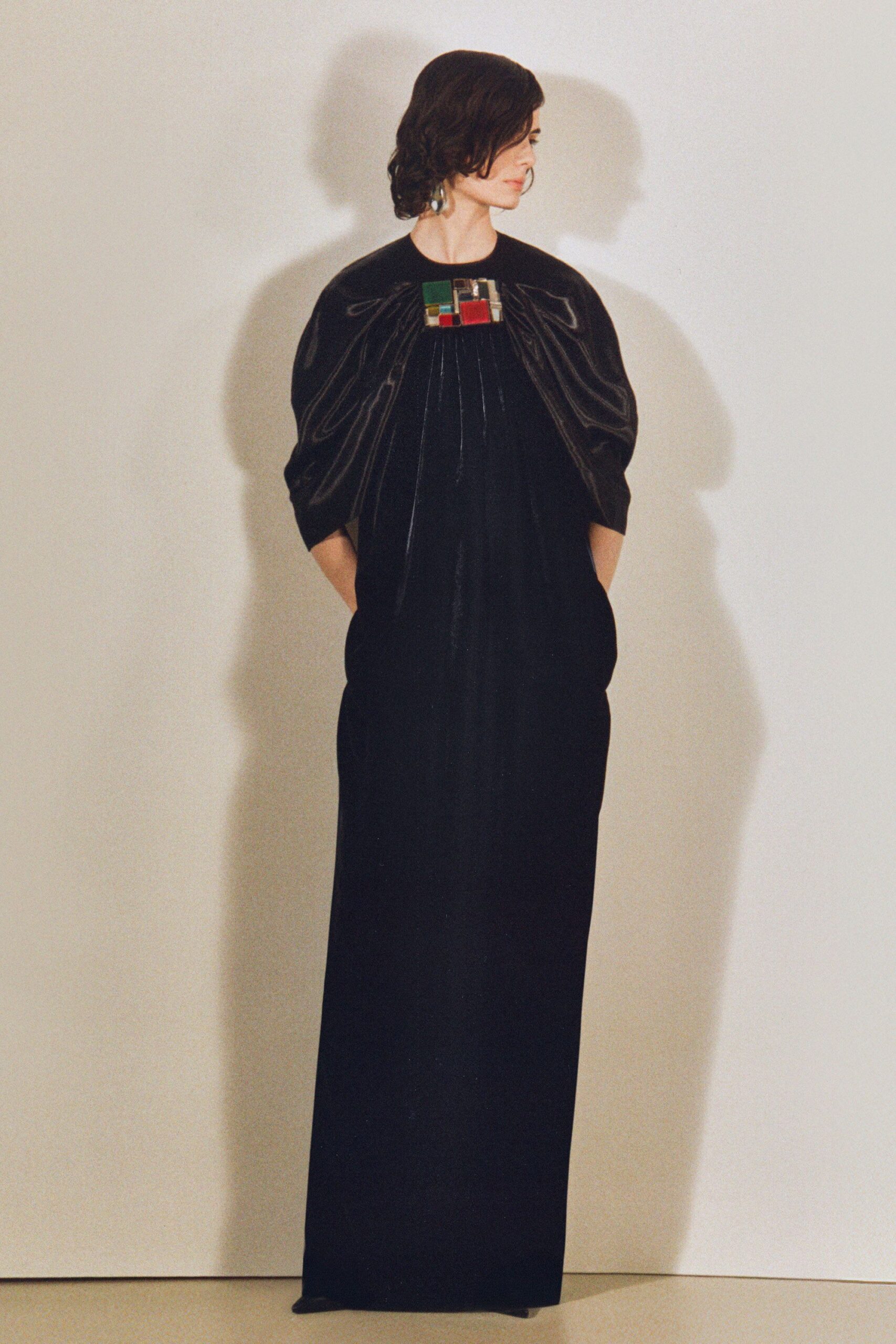 black velvet long-sleeve relaxed draped cape