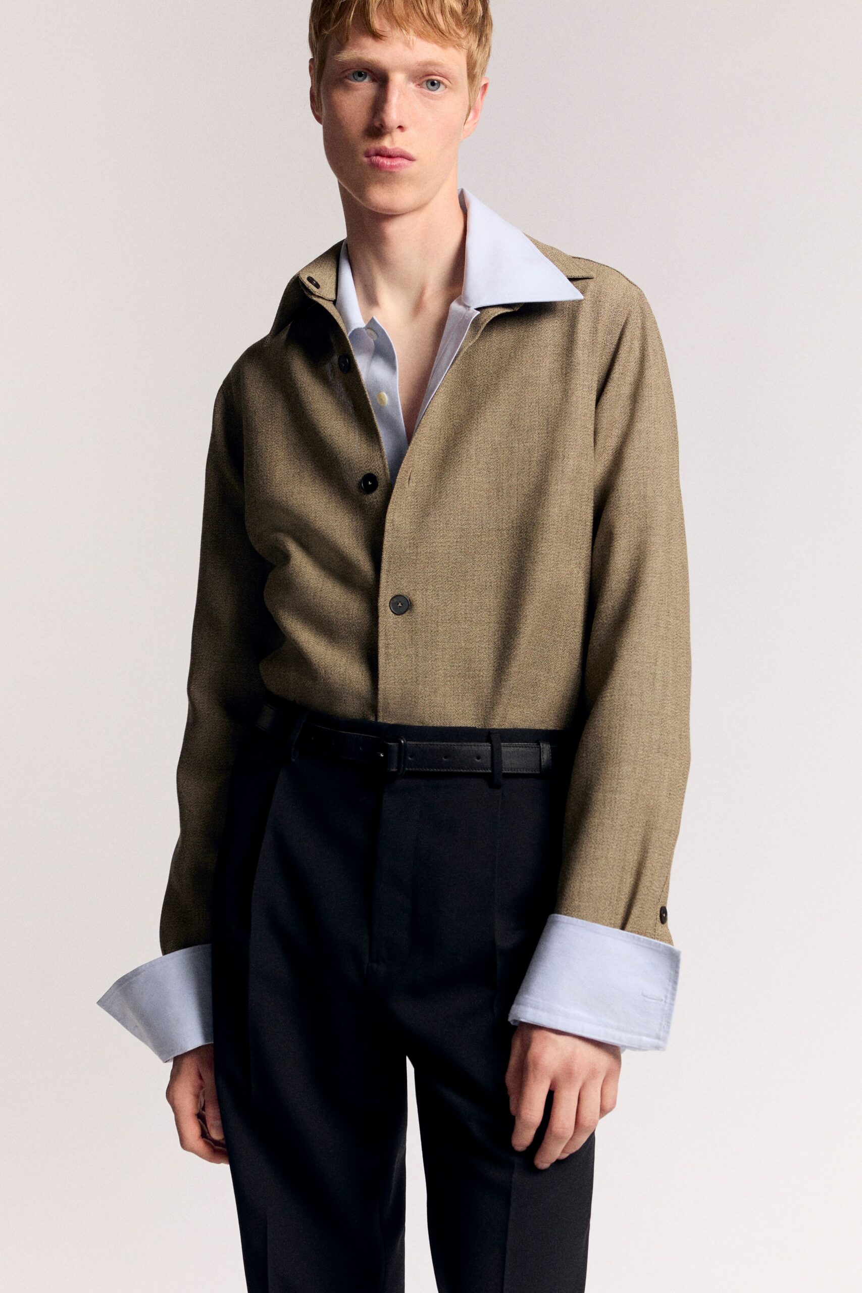 beige cotton long-sleeve collared relaxed buttoned shirt