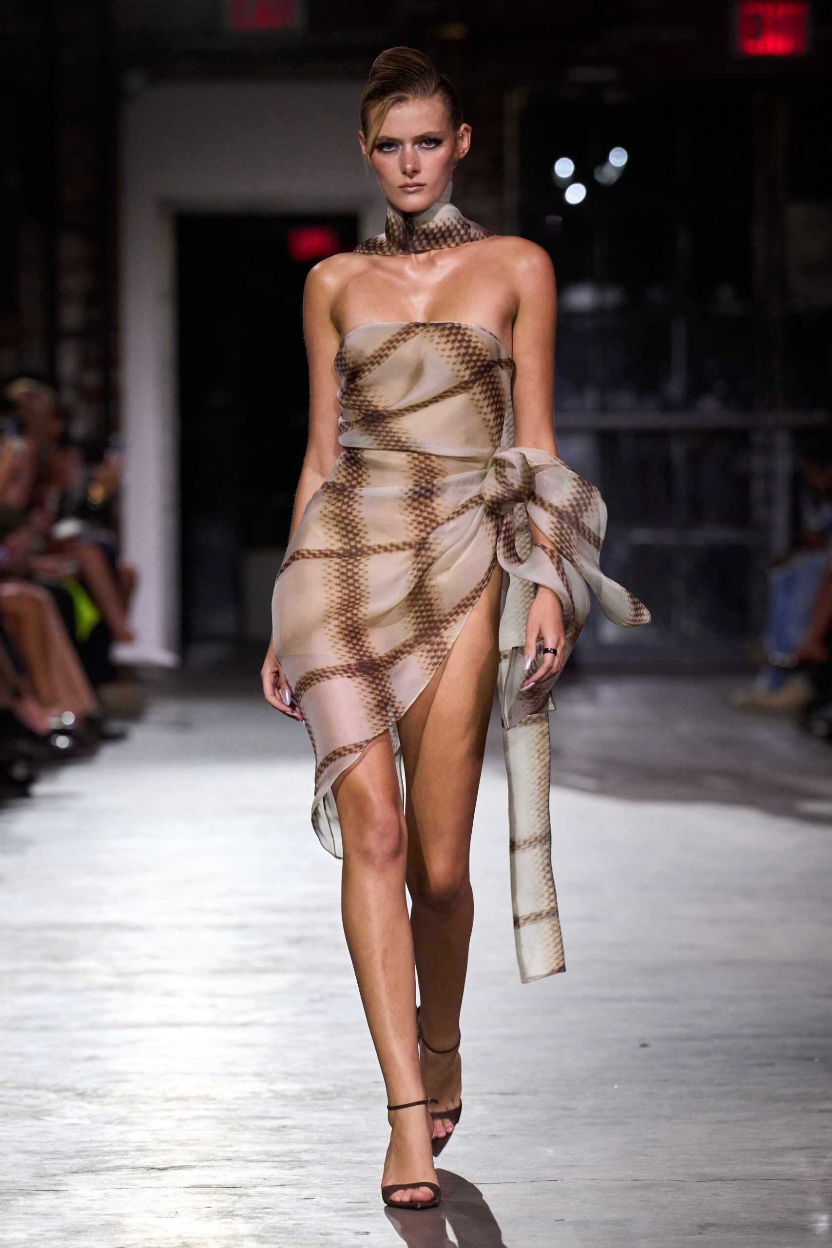 beige silk strapless high-neck fitted draped layered dress