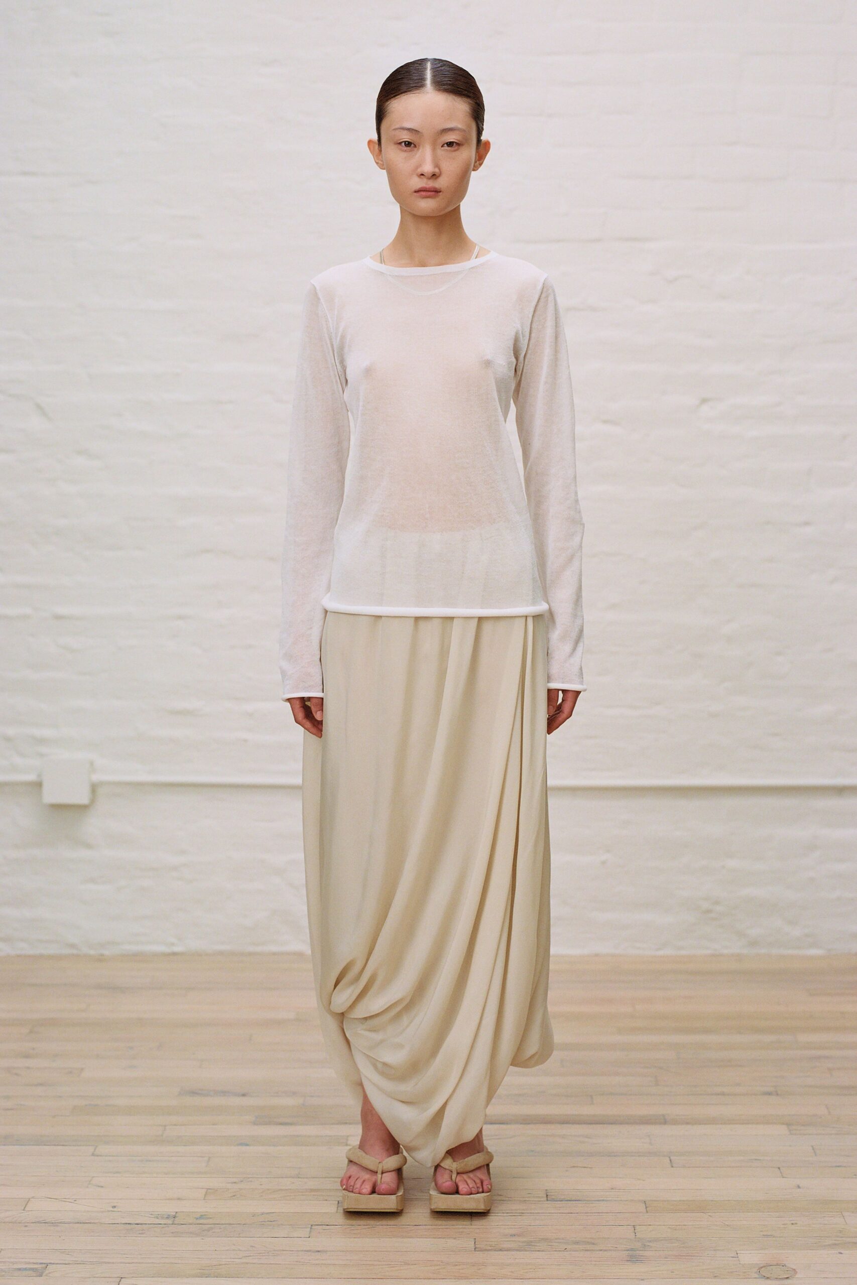white cotton long-sleeve scoop-neck relaxed sheer top