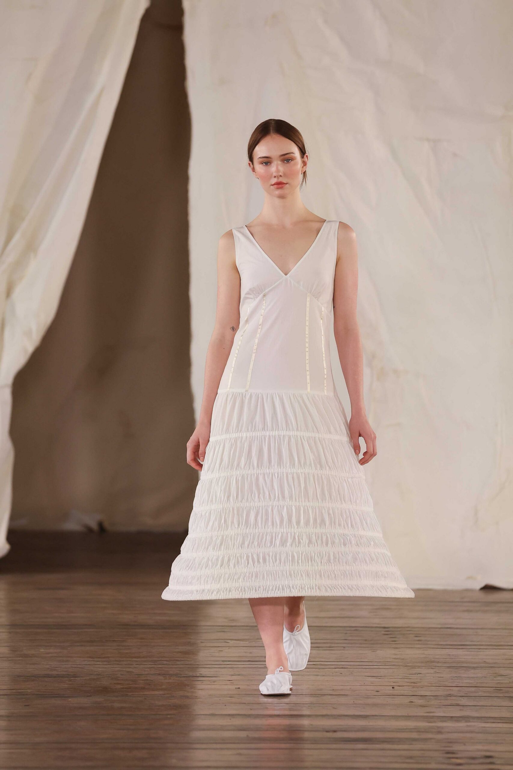 white pleated midi dress and shoes