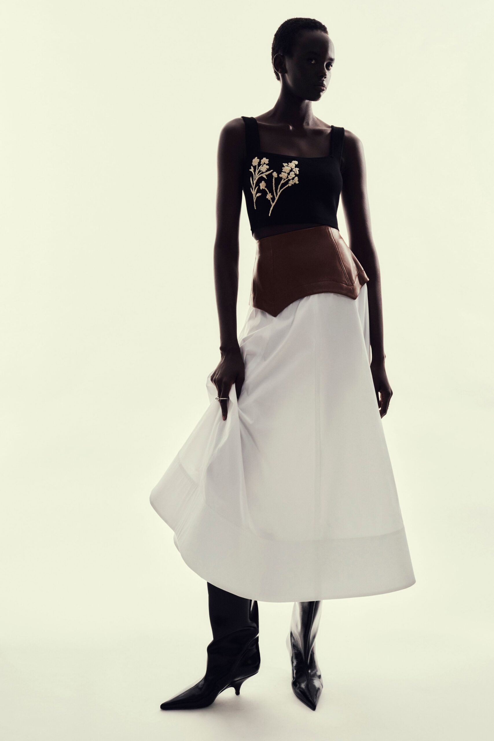 white cotton long-sleeve fitted a-line midi skirt