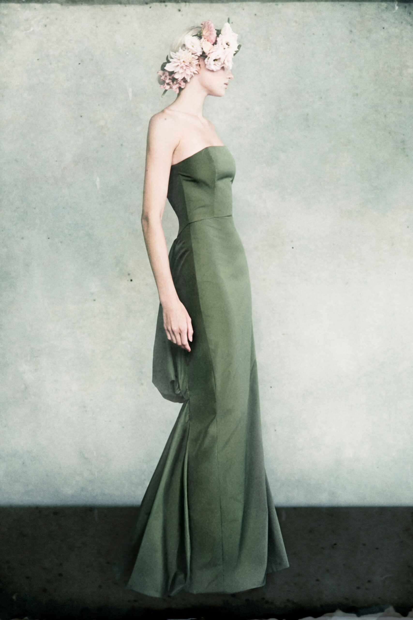 green silk strapless gown
