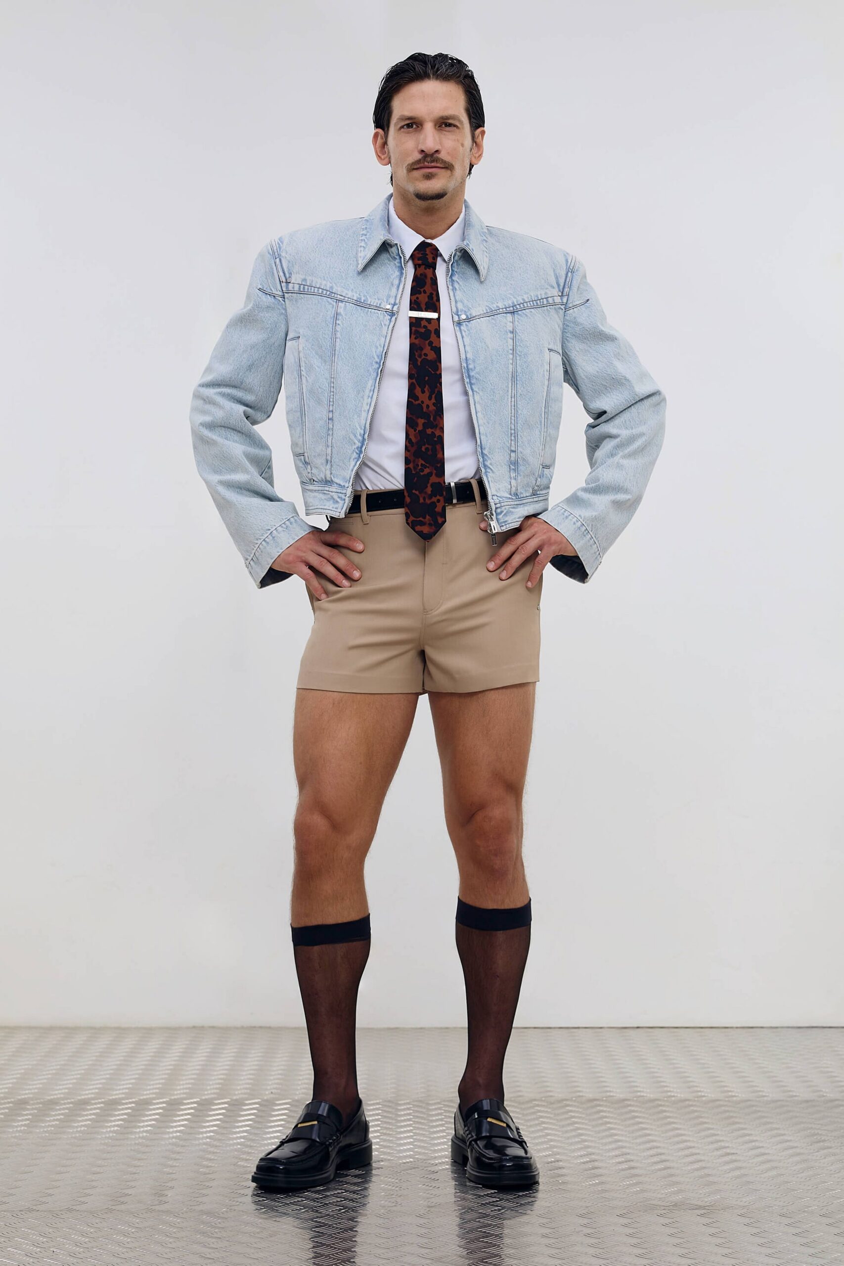blue denim jacket with beige shorts