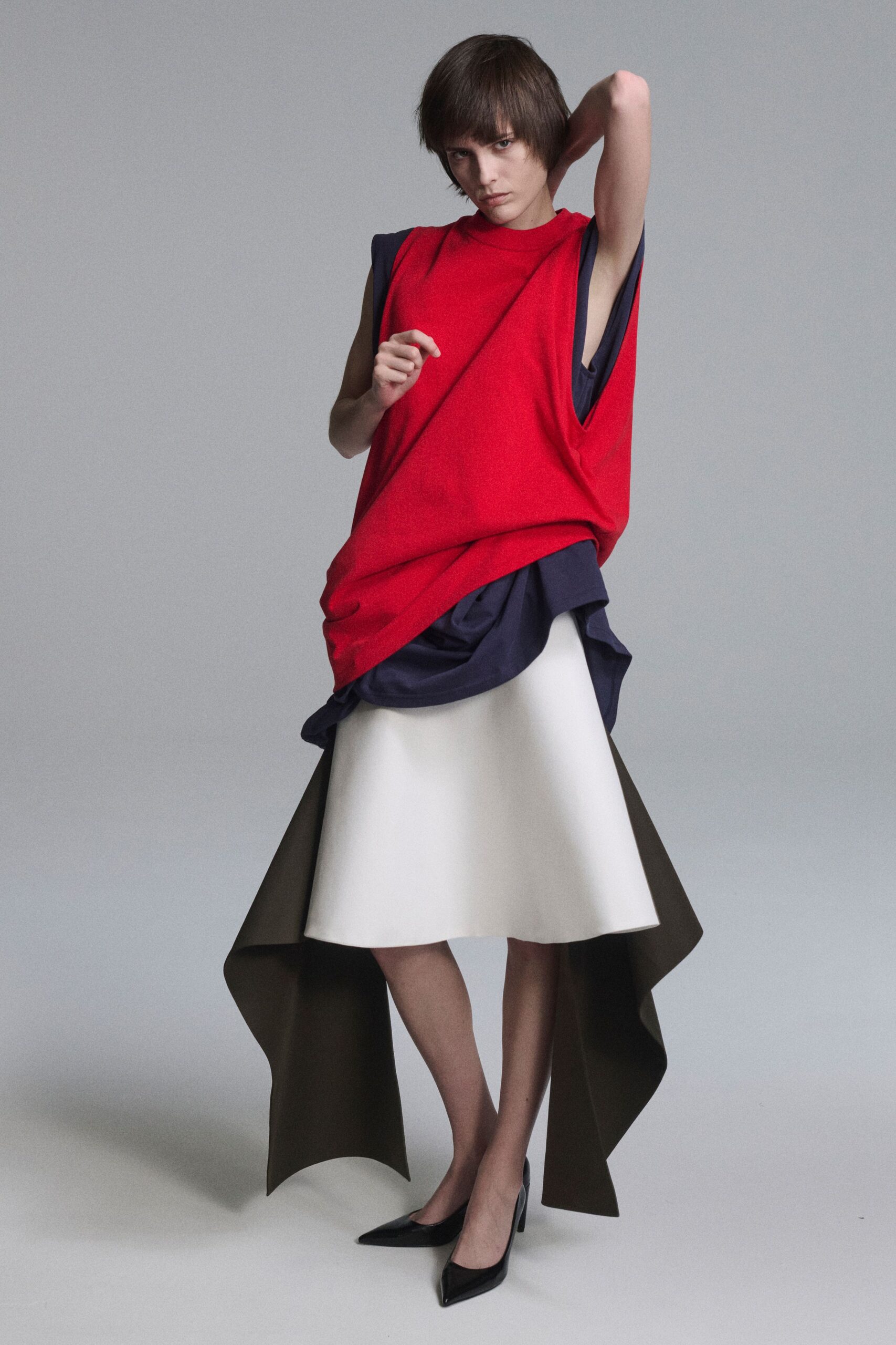 white cotton asymmetric fitted layered skirt