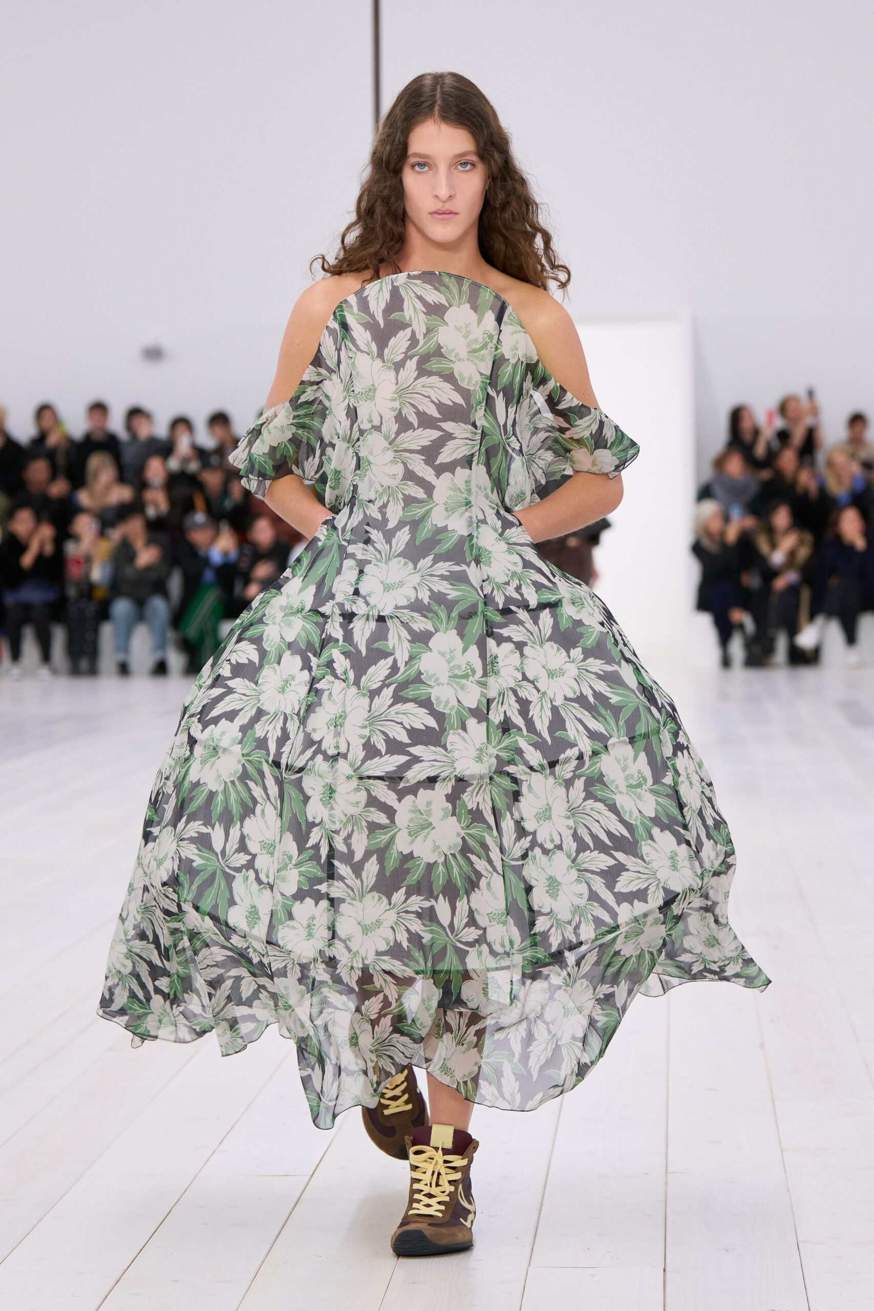 green chiffon sleeveless off-shoulder relaxed floral tiered dress