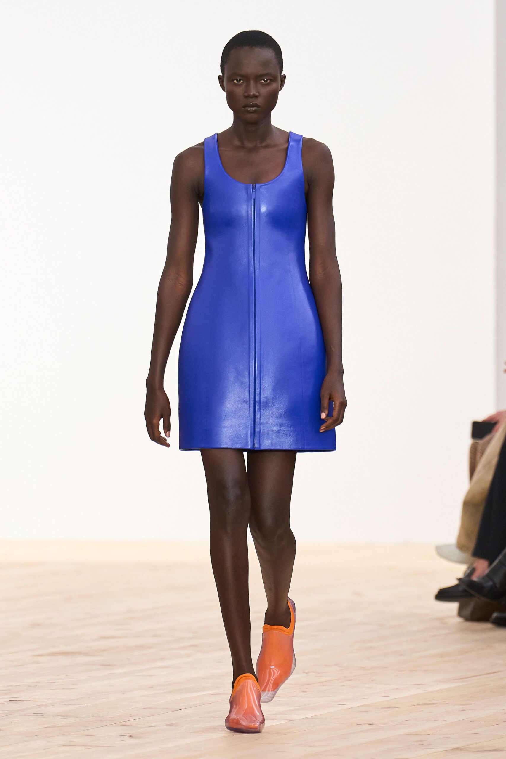 blue leather sleeveless mini dress