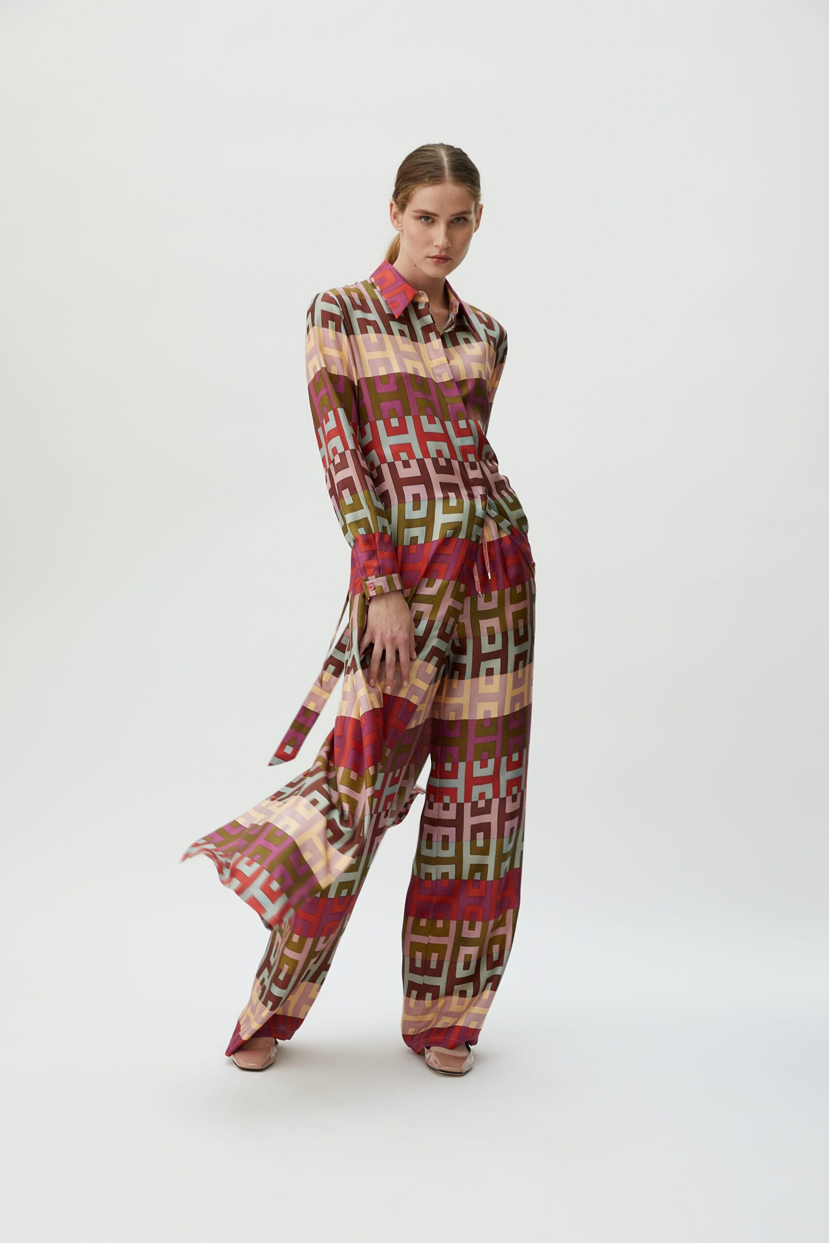 pink silk long-sleeve collared relaxed printed shirt
