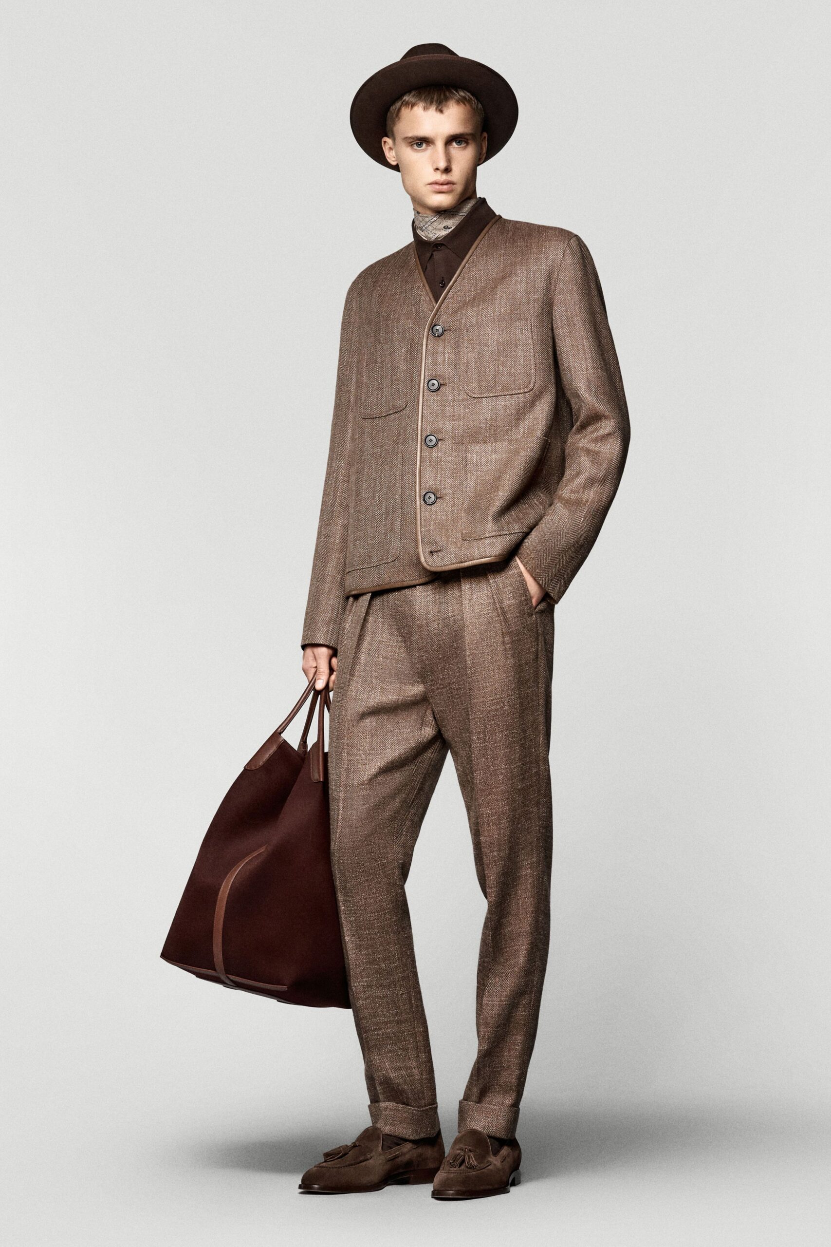 brown tailored suit with accessories