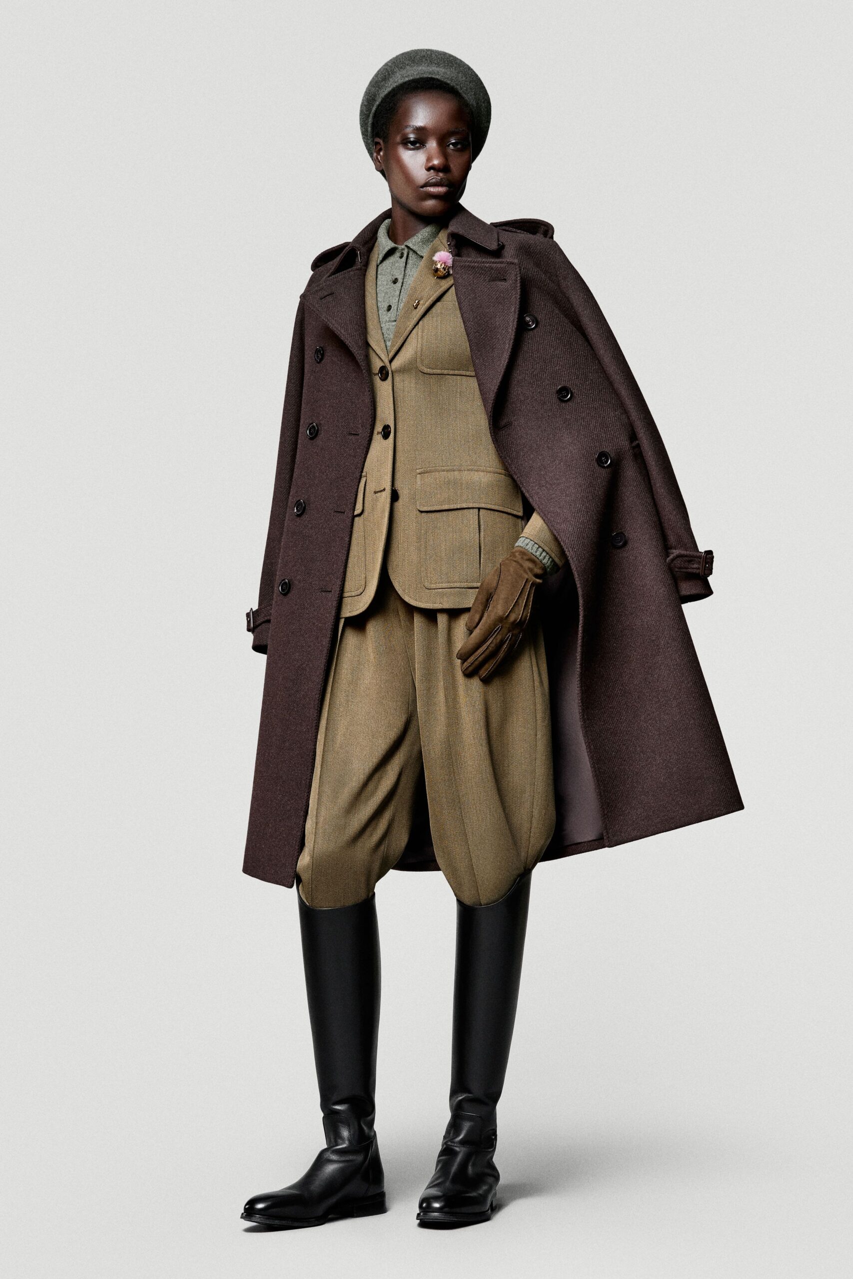 brown wool long-sleeve collared structured buttoned coat