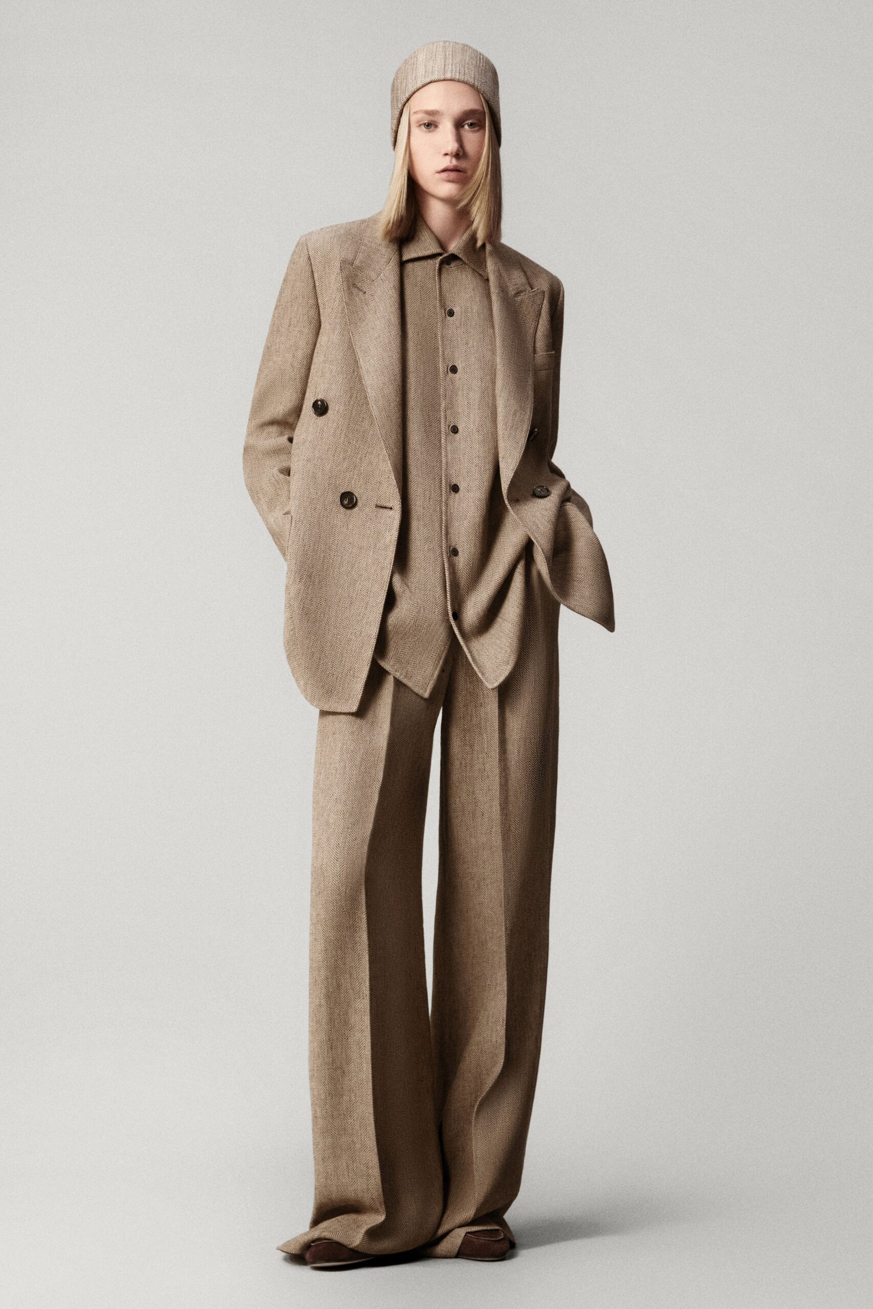 beige linen long-sleeve collared relaxed buttoned wide-leg suit