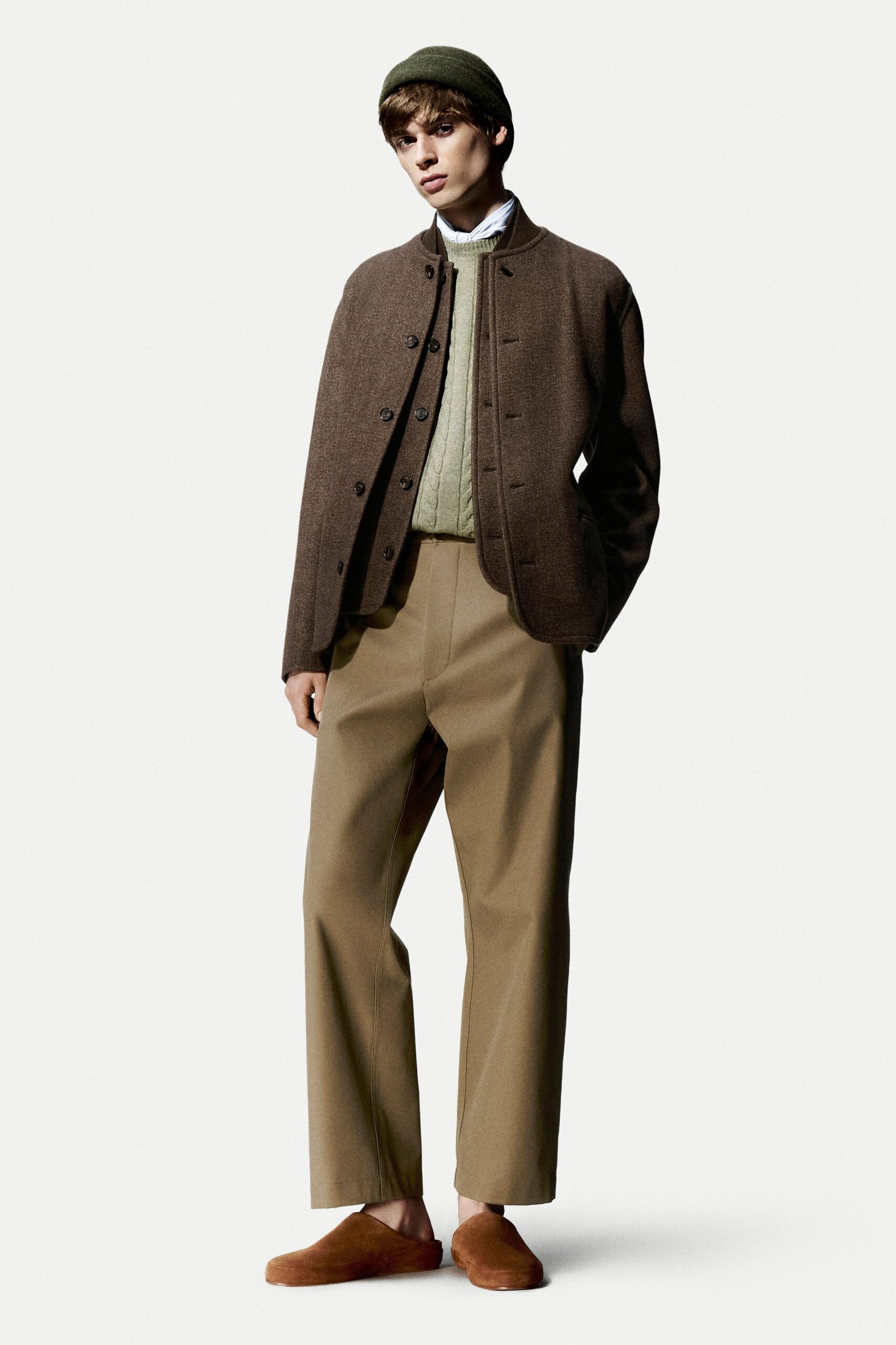 brown wool long-sleeve collared structured buttoned jacket