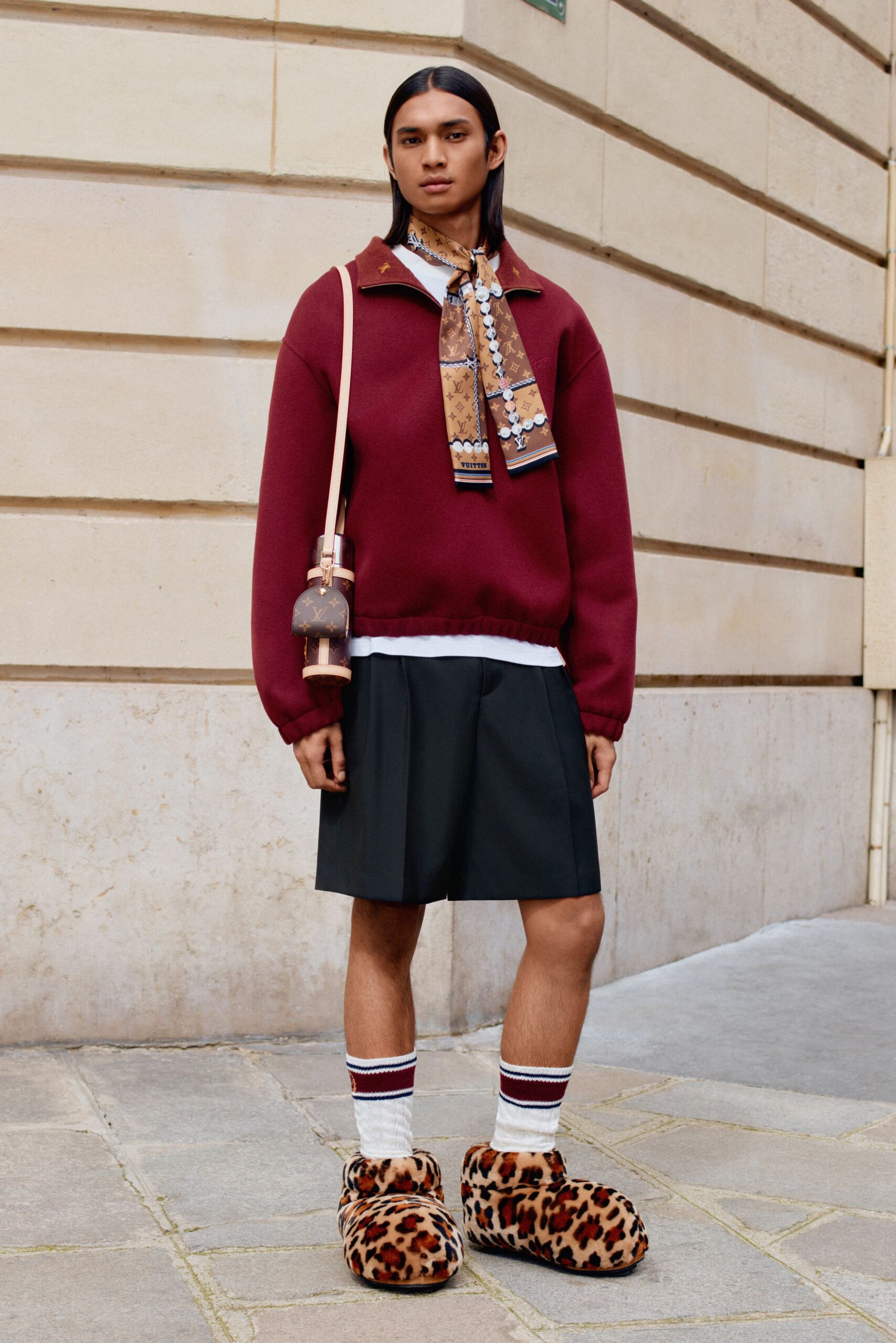 red wool long-sleeve collared relaxed sweater