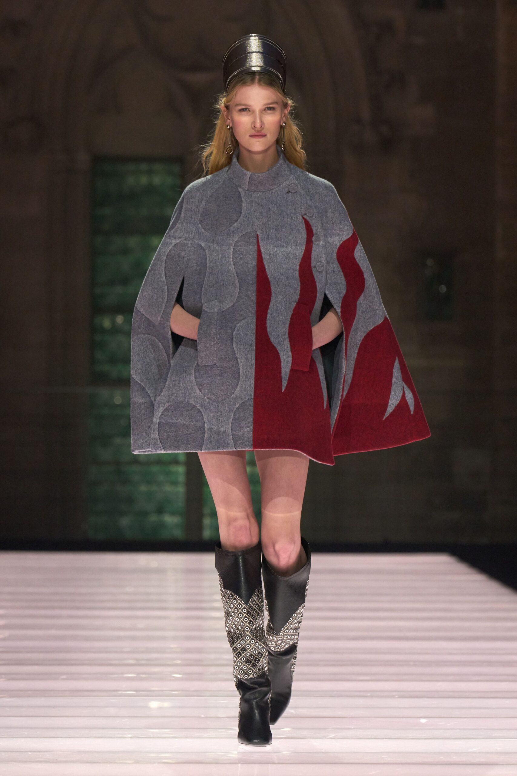 gray wool long-sleeve high-neck relaxed layered cape
