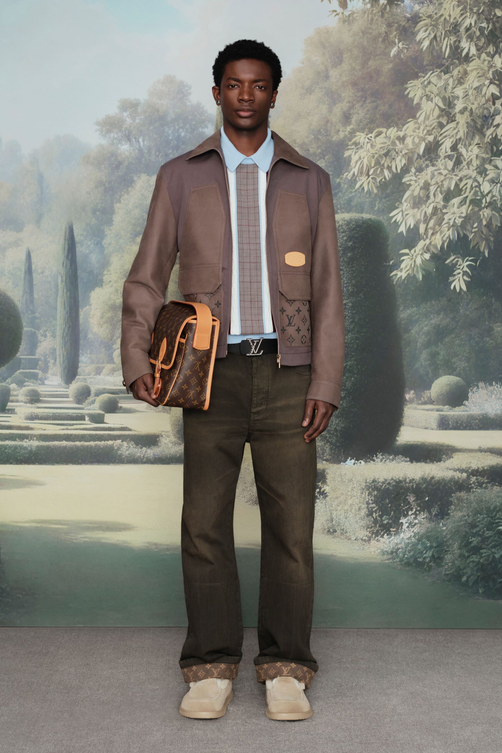 brown leather long-sleeve collared structured buttoned jacket